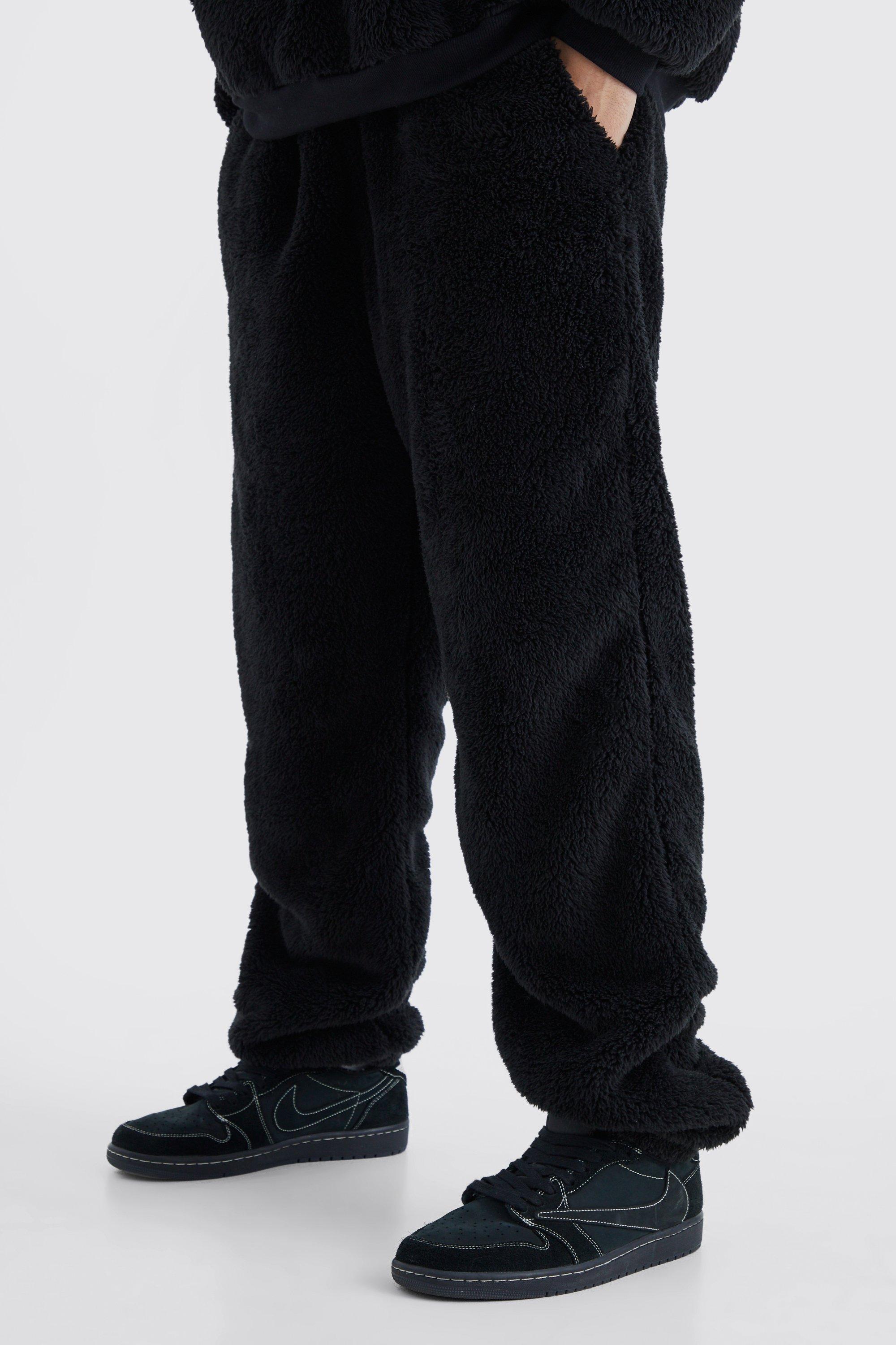 Mens Black Oversized Plain Borg Jogger, Black