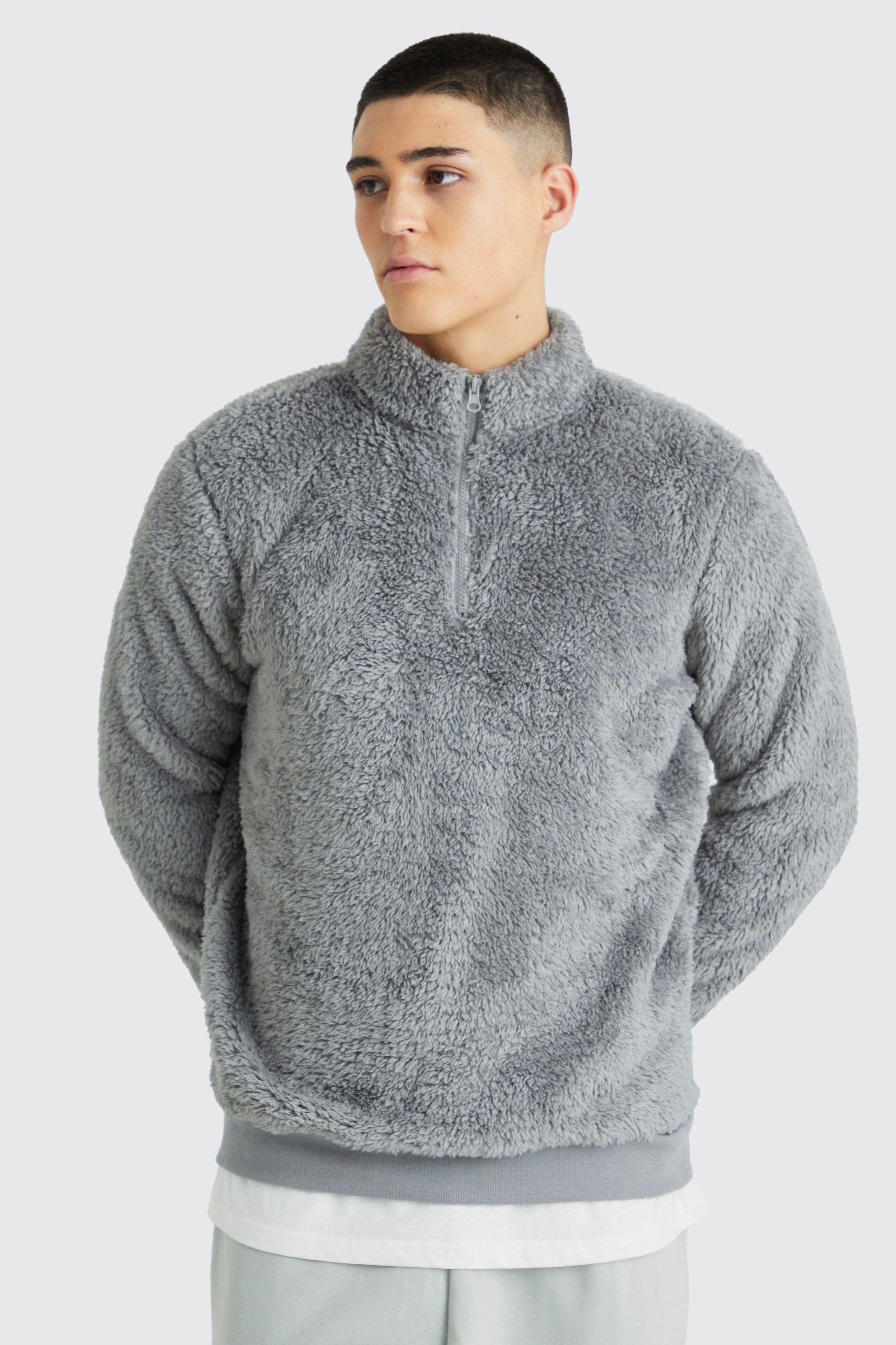 Mens Grey Oversized Boxy Borg Funnel Neck Sweatshirt, Grey
