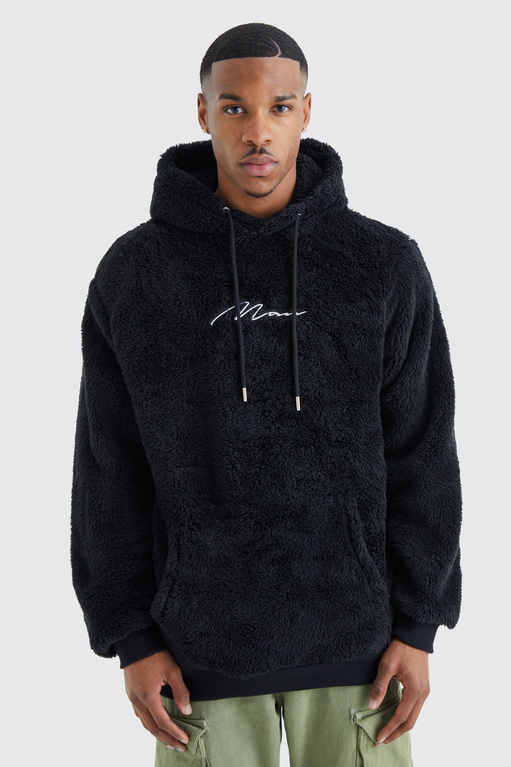 Mens Black Man Signature Borg Over The Head Hoodie, Black