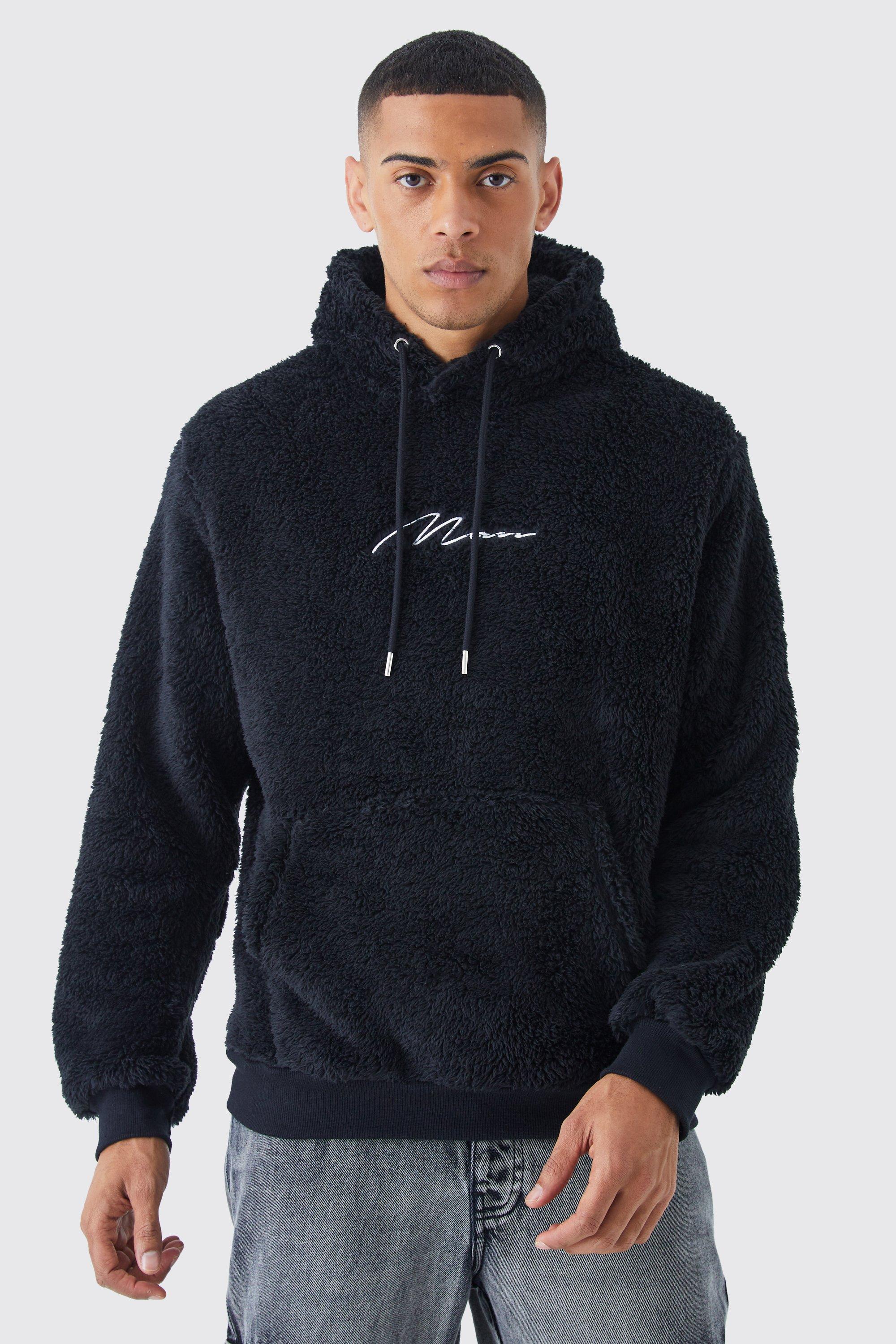 Mens Black Man Signature Borg Over The Head Hoodie, Black