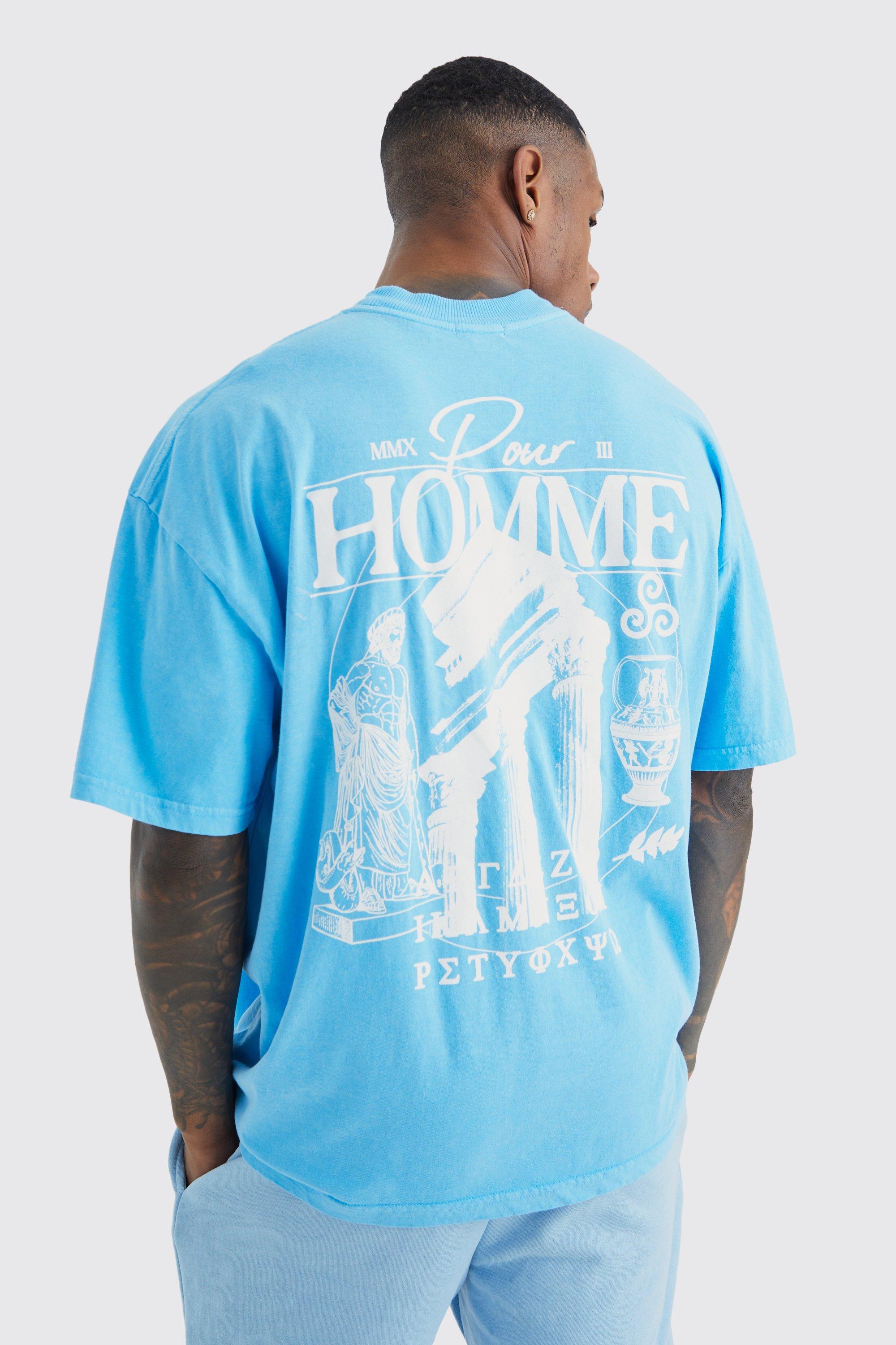Mens Blue Oversized Wash Roman Graphic T-shirt, Blue