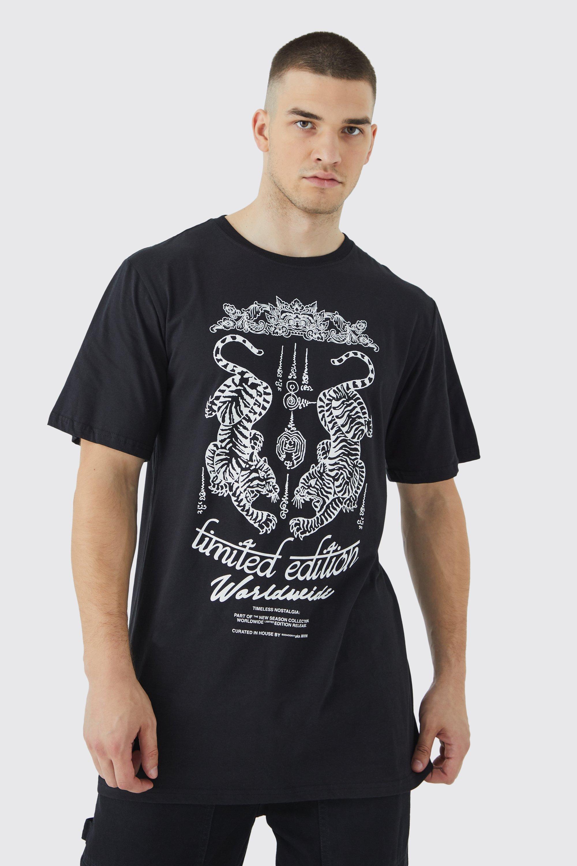 Image of T-shirt Tall oversize con grafica di tigre, Nero