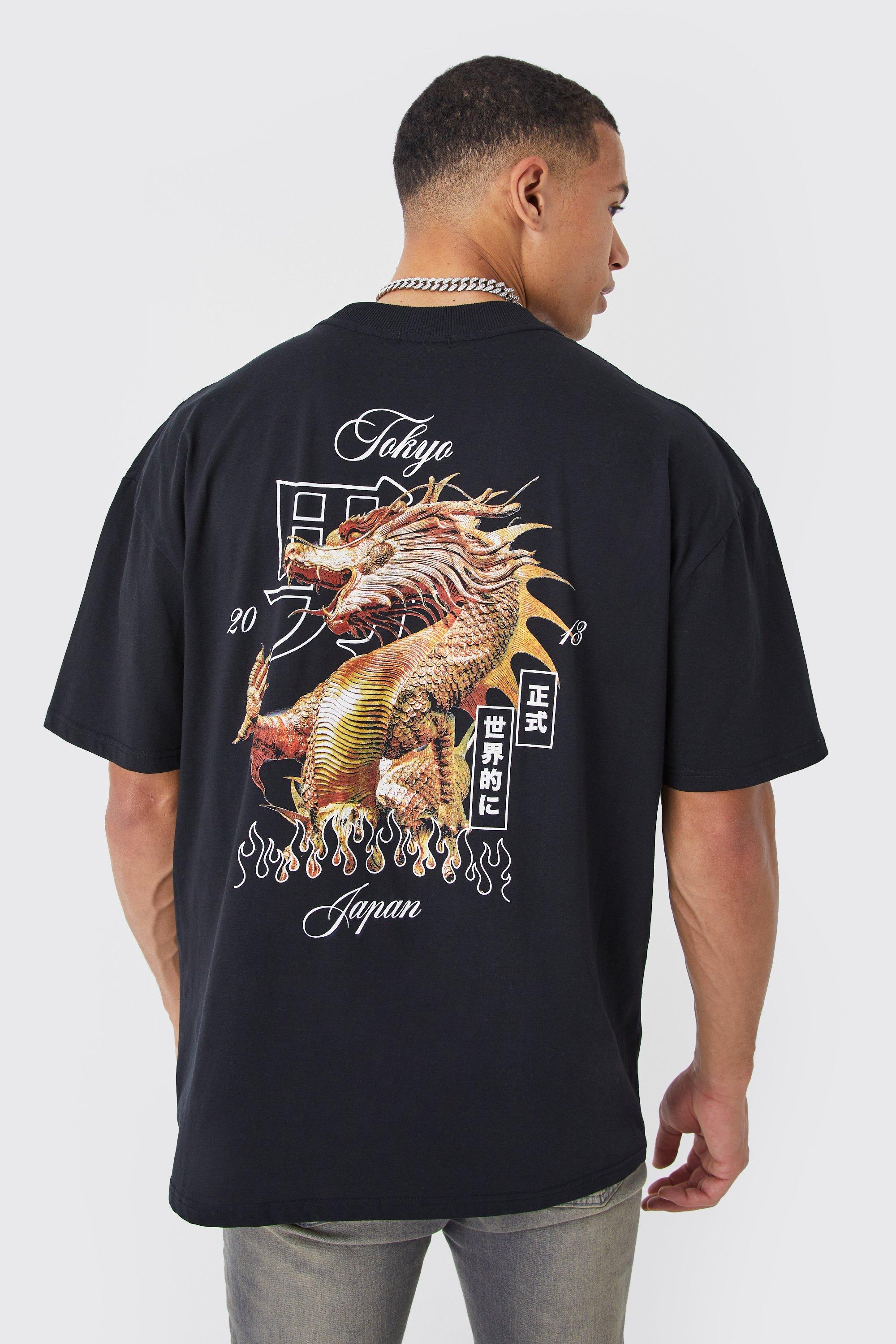 Mens Black Tall Oversized Dragon Graphic T-shirt, Black