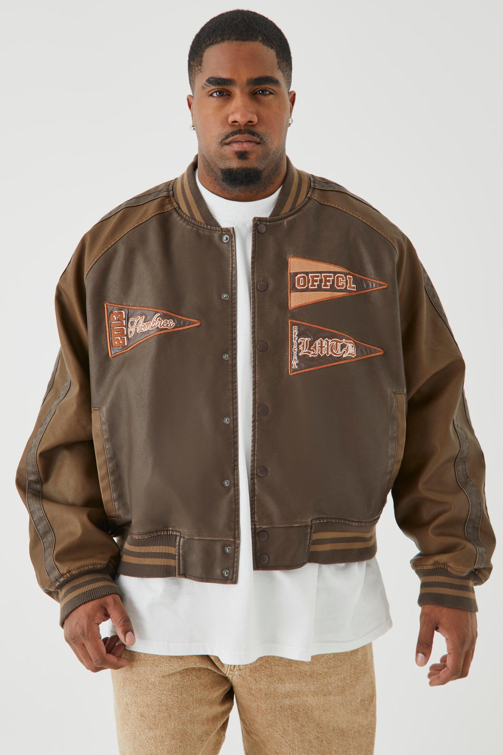 Mens Brown Plus Boxy Tumbled Pu Pannelled Varsity Jacket, Brown
