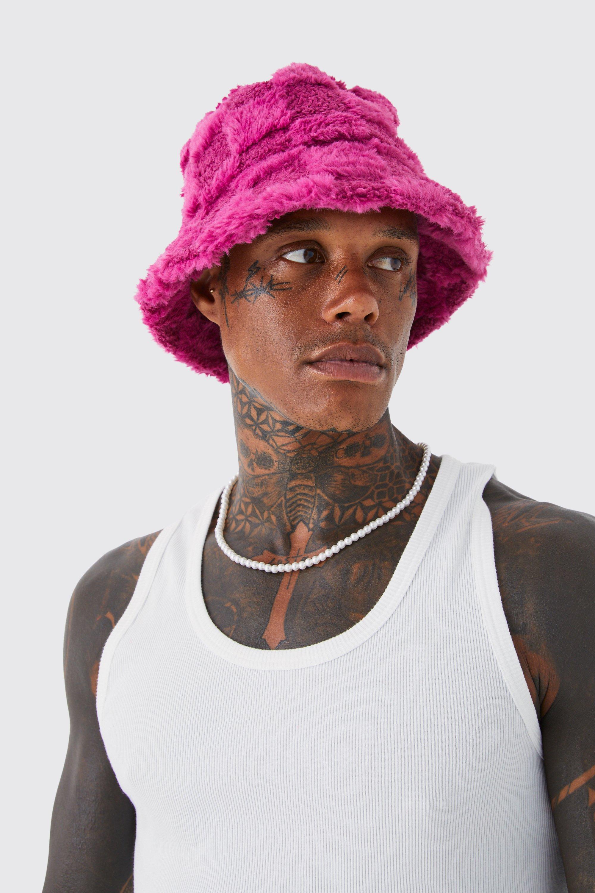 Mens Pink Fluffy Checkerboard Bucket Hat, Pink