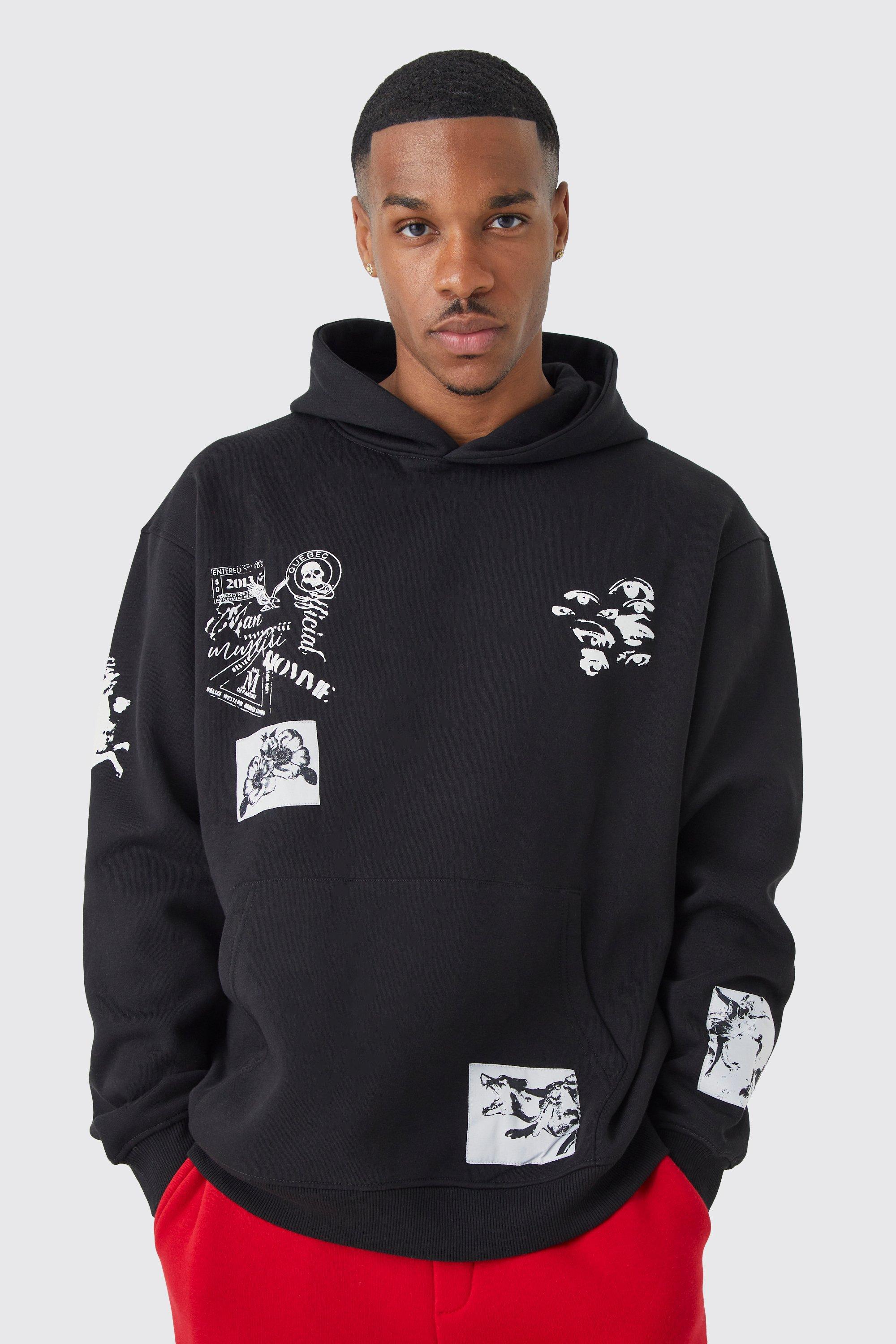 Mens Black Oversized Multi Placement Graphic Hoodie, Black