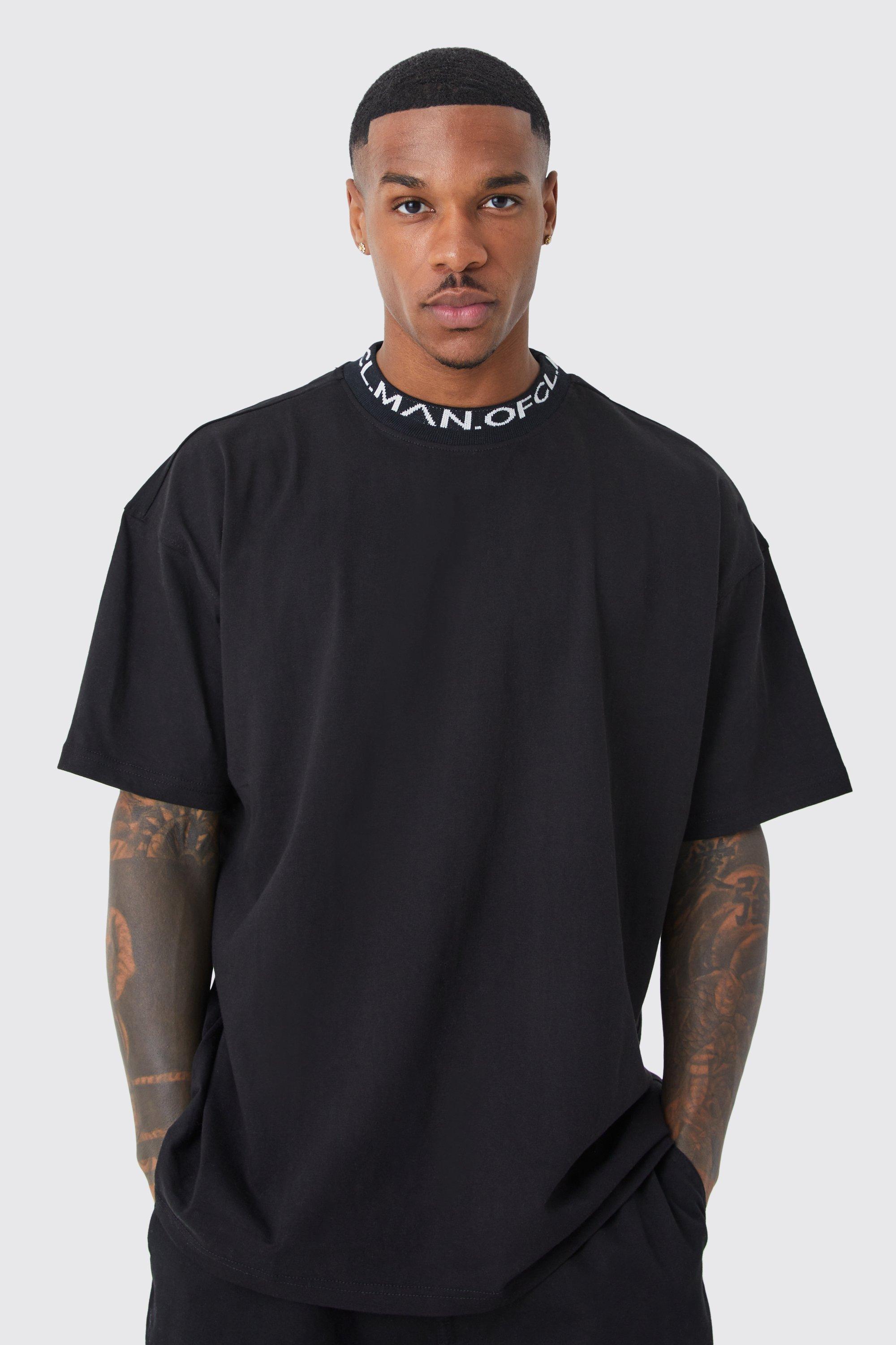 Mens Black Oversized Jacquard Neck T-shirt, Black