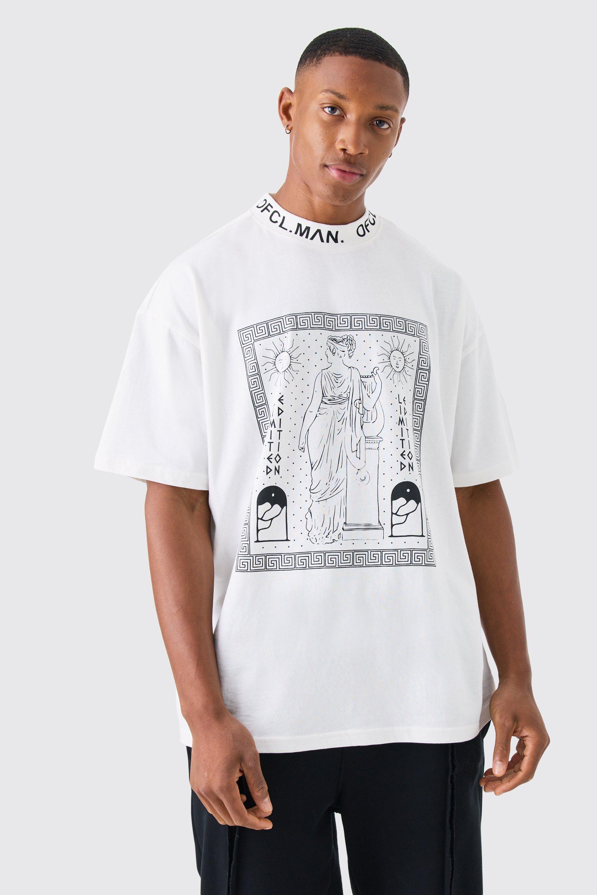 Mens White Oversized Jacquard Neck Graphic T-shirt, White