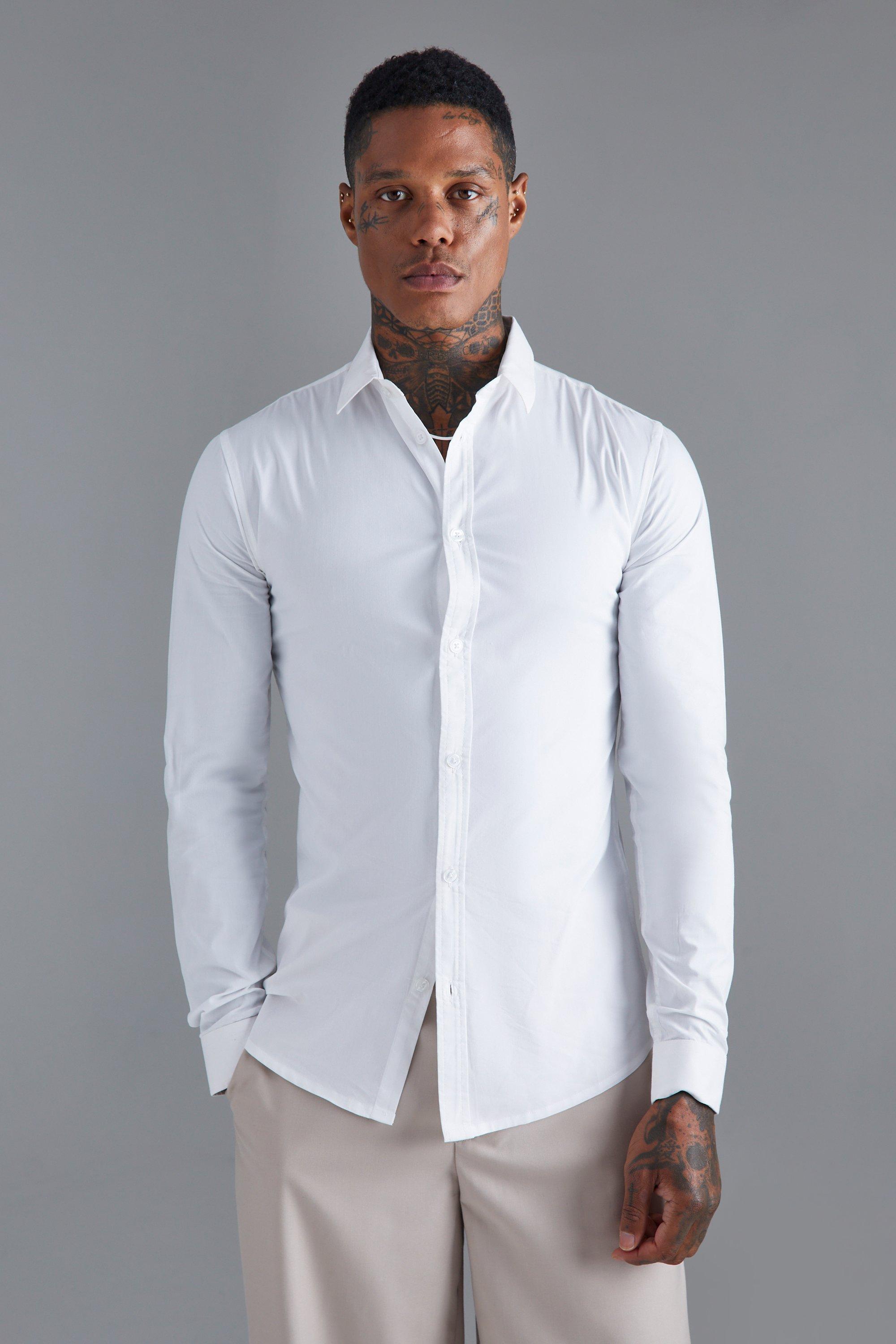 Mens White Long Sleeve Muscle Fit Shirt, White