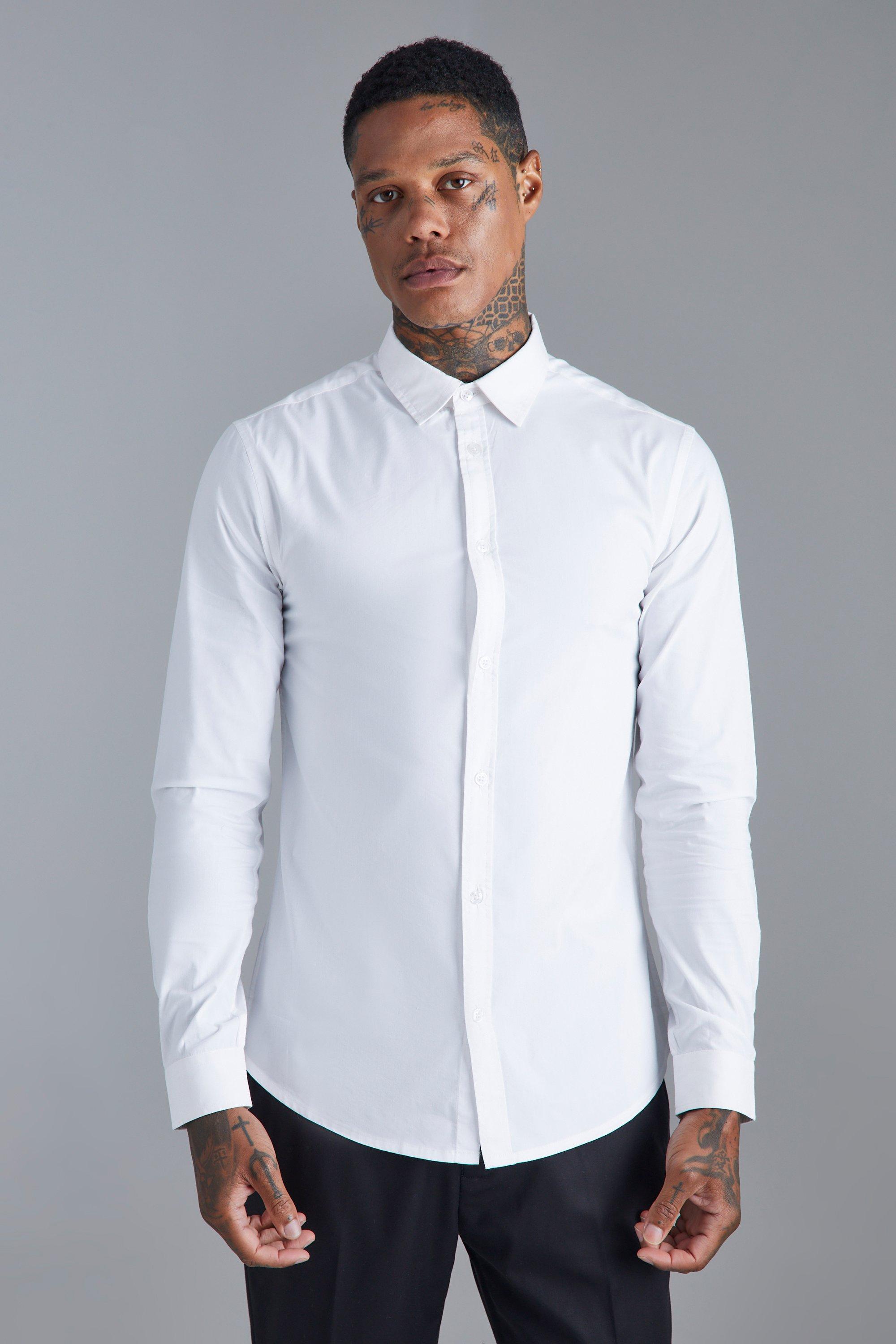 Mens White Long Sleeve Slim Fit Shirt, White