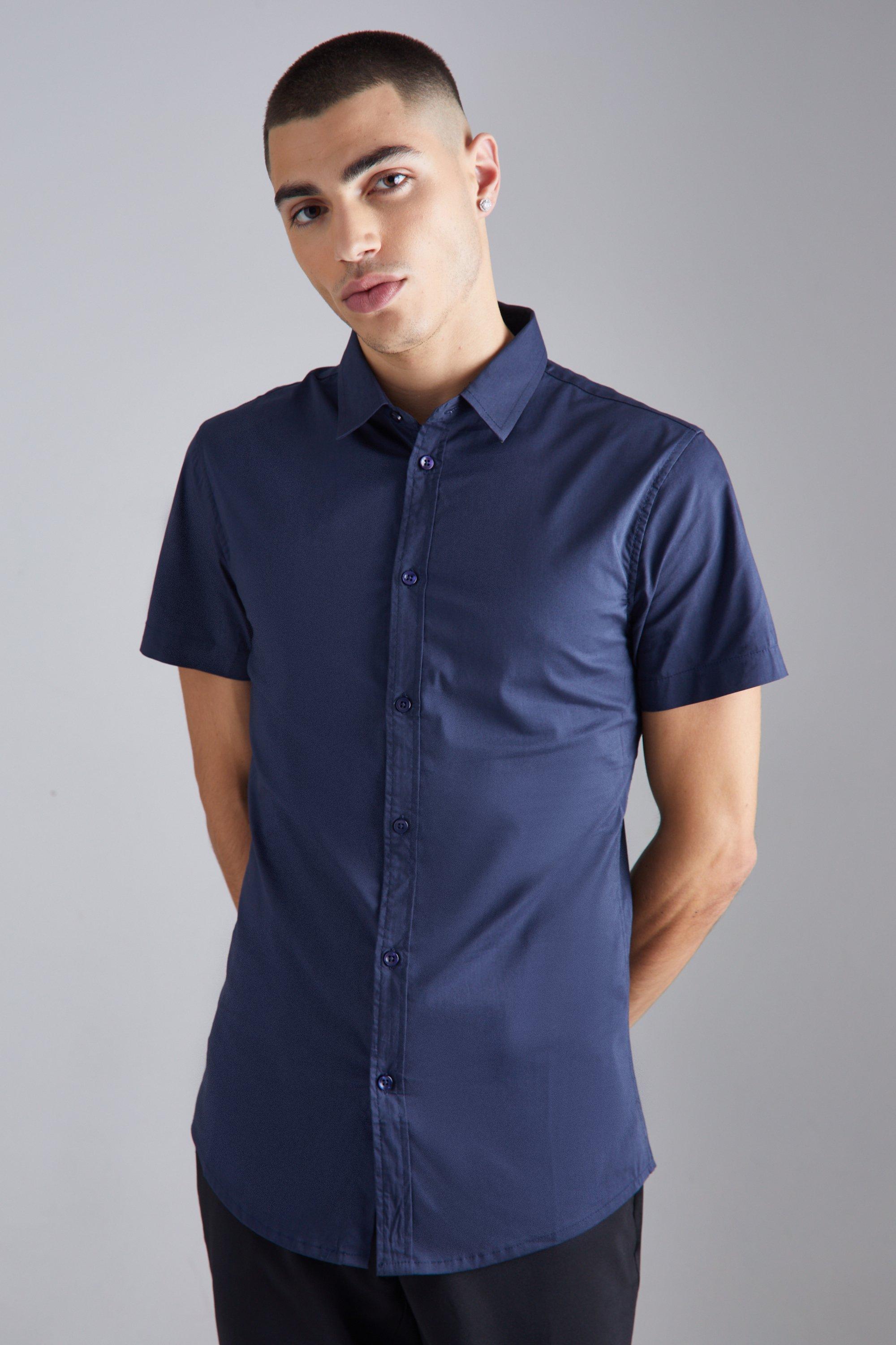 Mens Navy Short Sleeve Stretch Fit Shirt, Navy