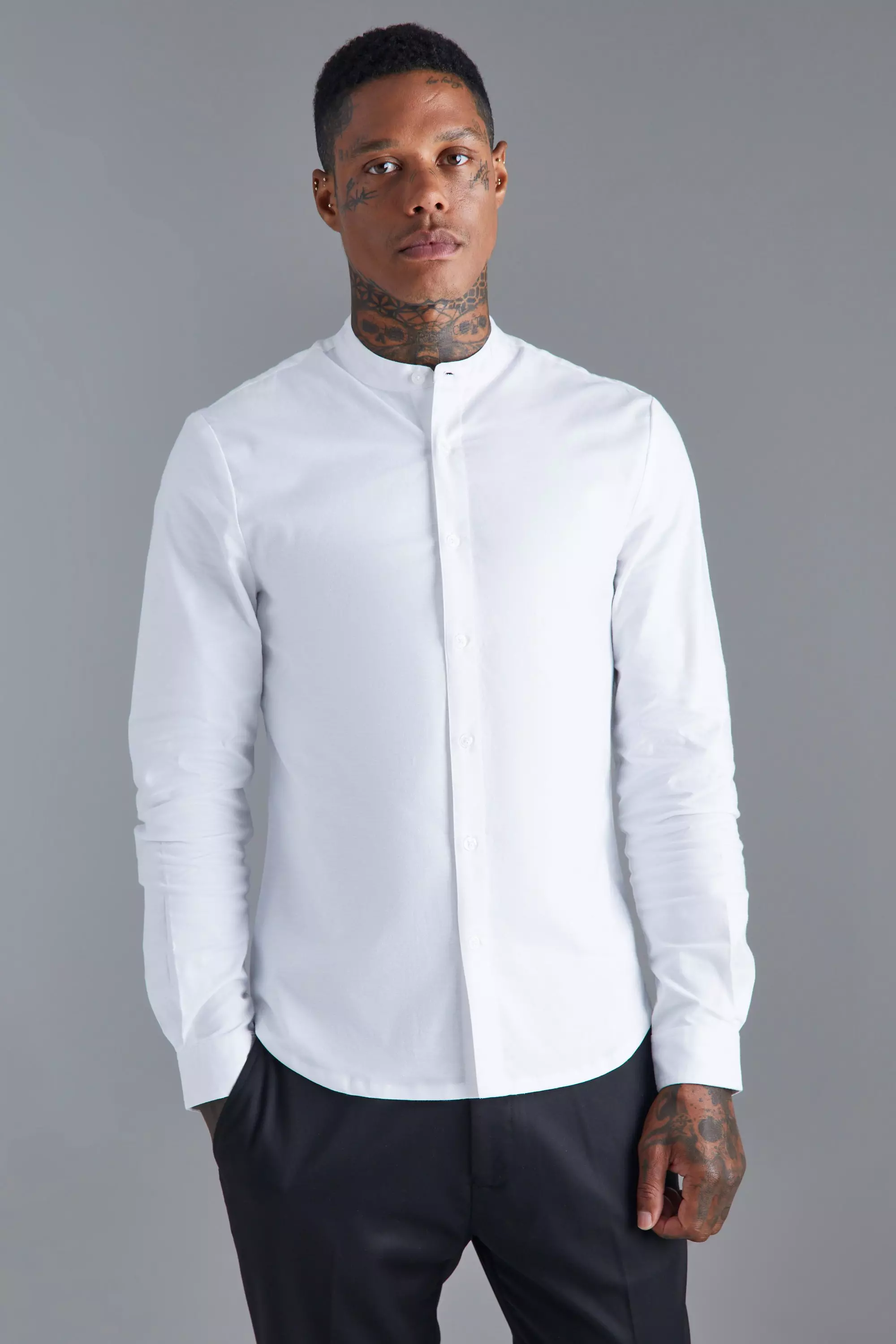 Long Sleeve Grandad Collar Slim Shirt | boohooMAN USA