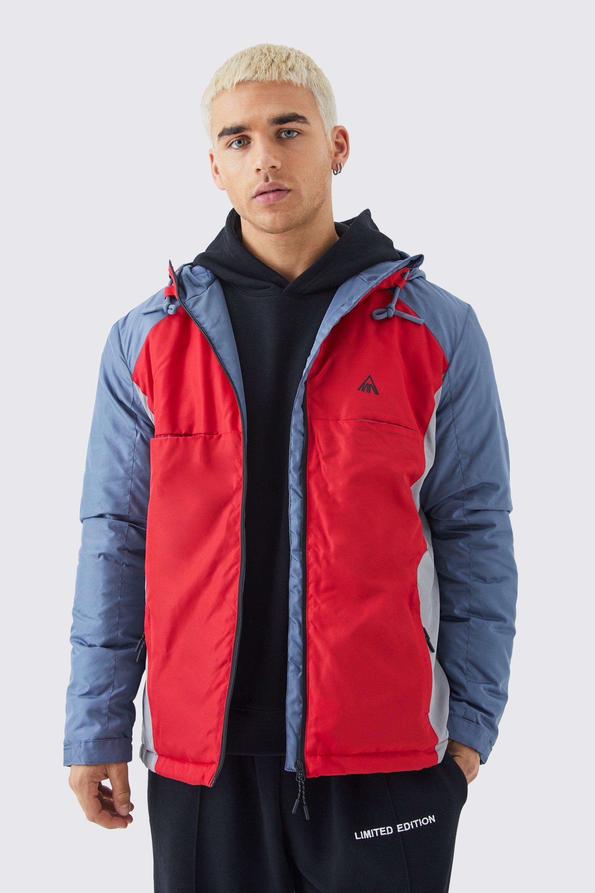 Mens Red Relaxed Colour Block Padded Riptstop Jacket, Red