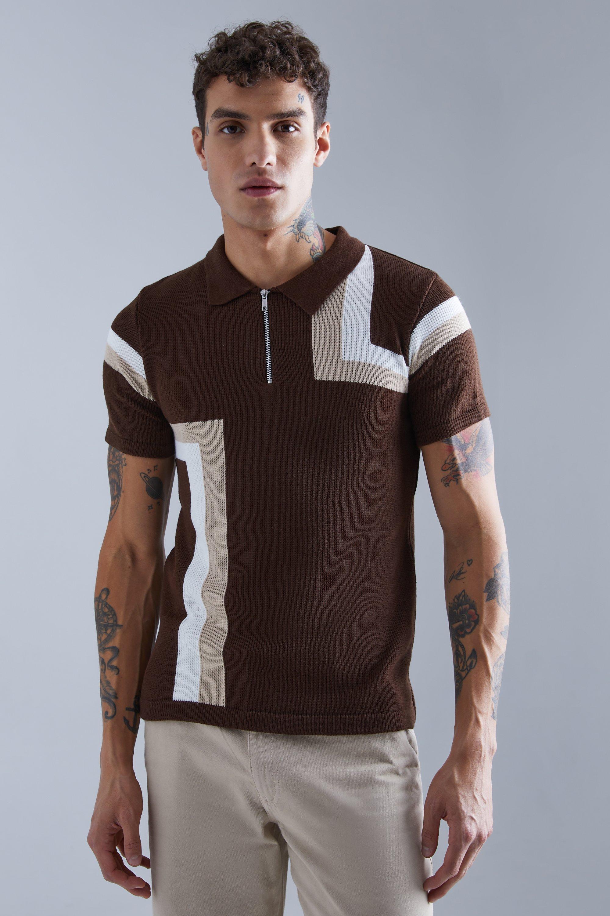 Mens Brown Muscle Fit Colour Block Knitted Polo, Brown