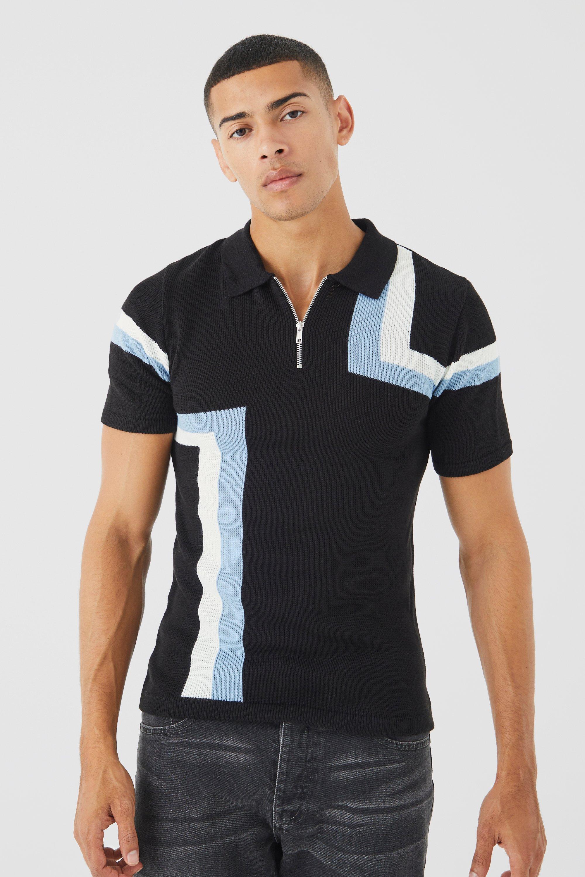Mens Black Muscle Fit Colour Block Knitted Polo, Black