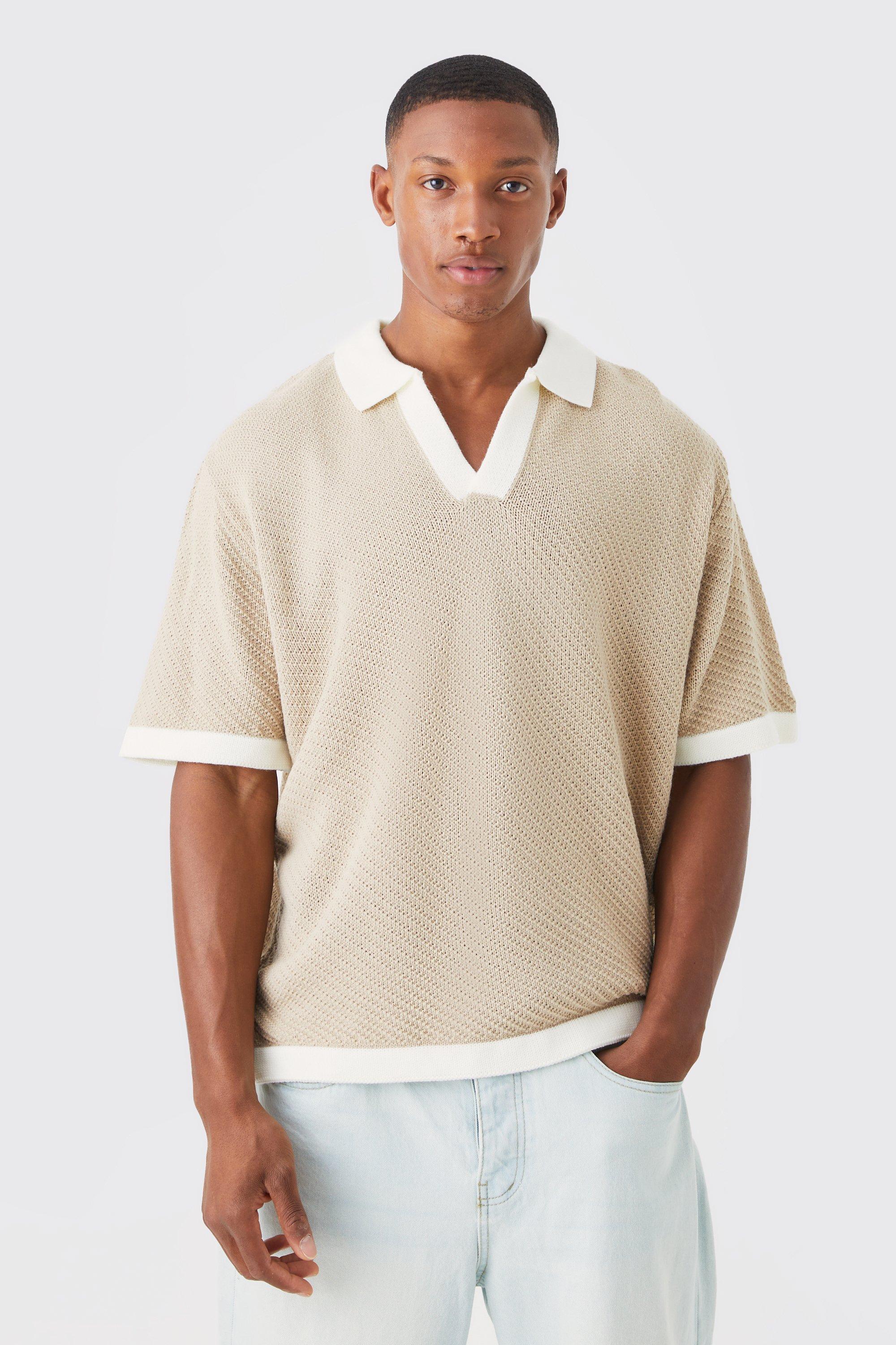 Mens Beige Oversized Contrast Collar Knitted Polo, Beige