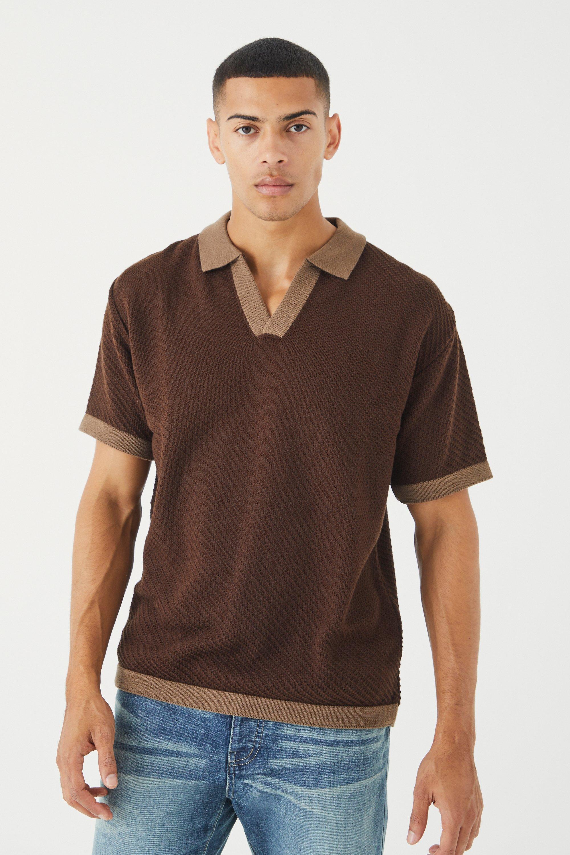 Mens Brown Oversized Contrast Collar Knitted Polo, Brown