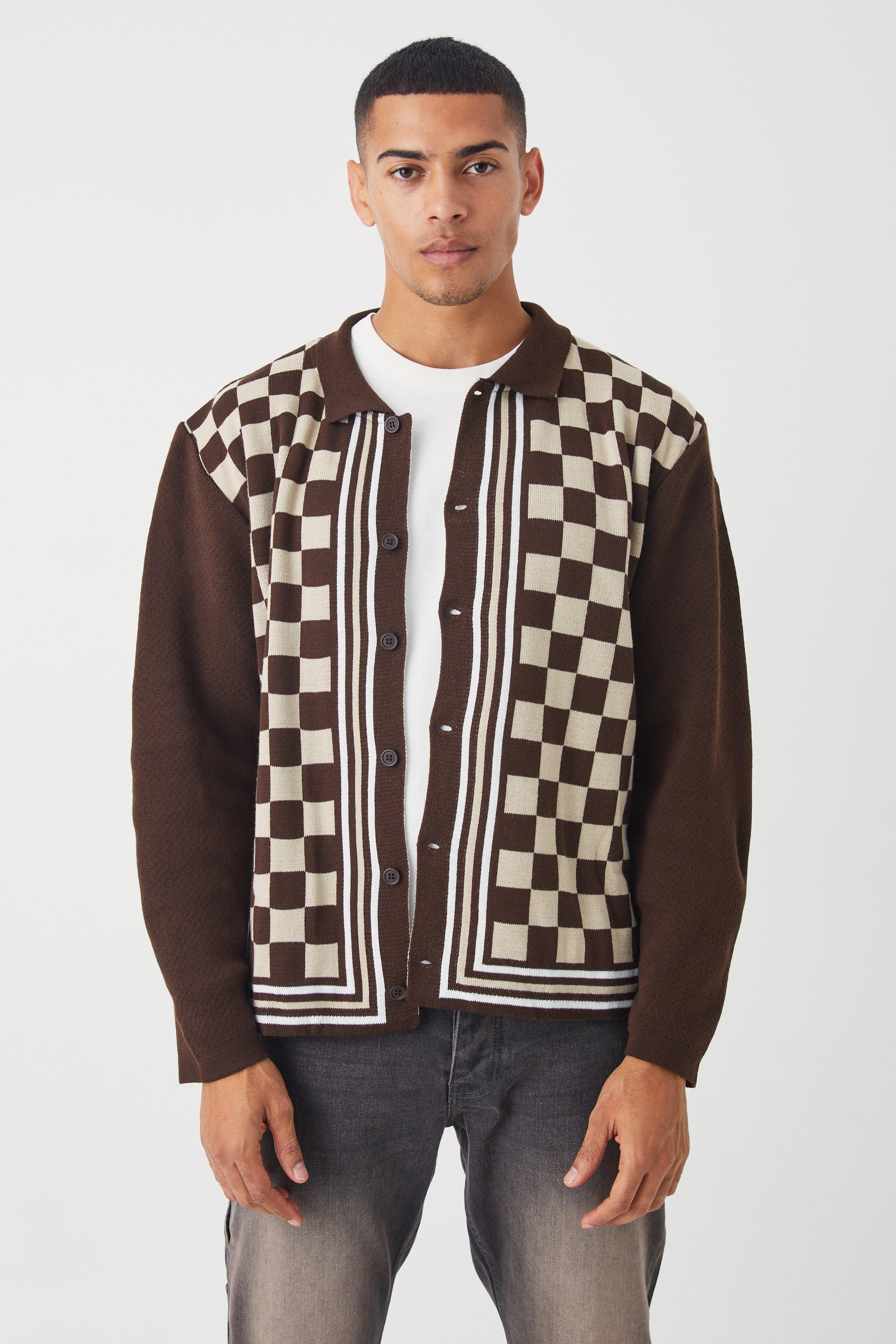 Mens Brown Oversized Long Sleeve Checkerboard Knit Shirt, Brown