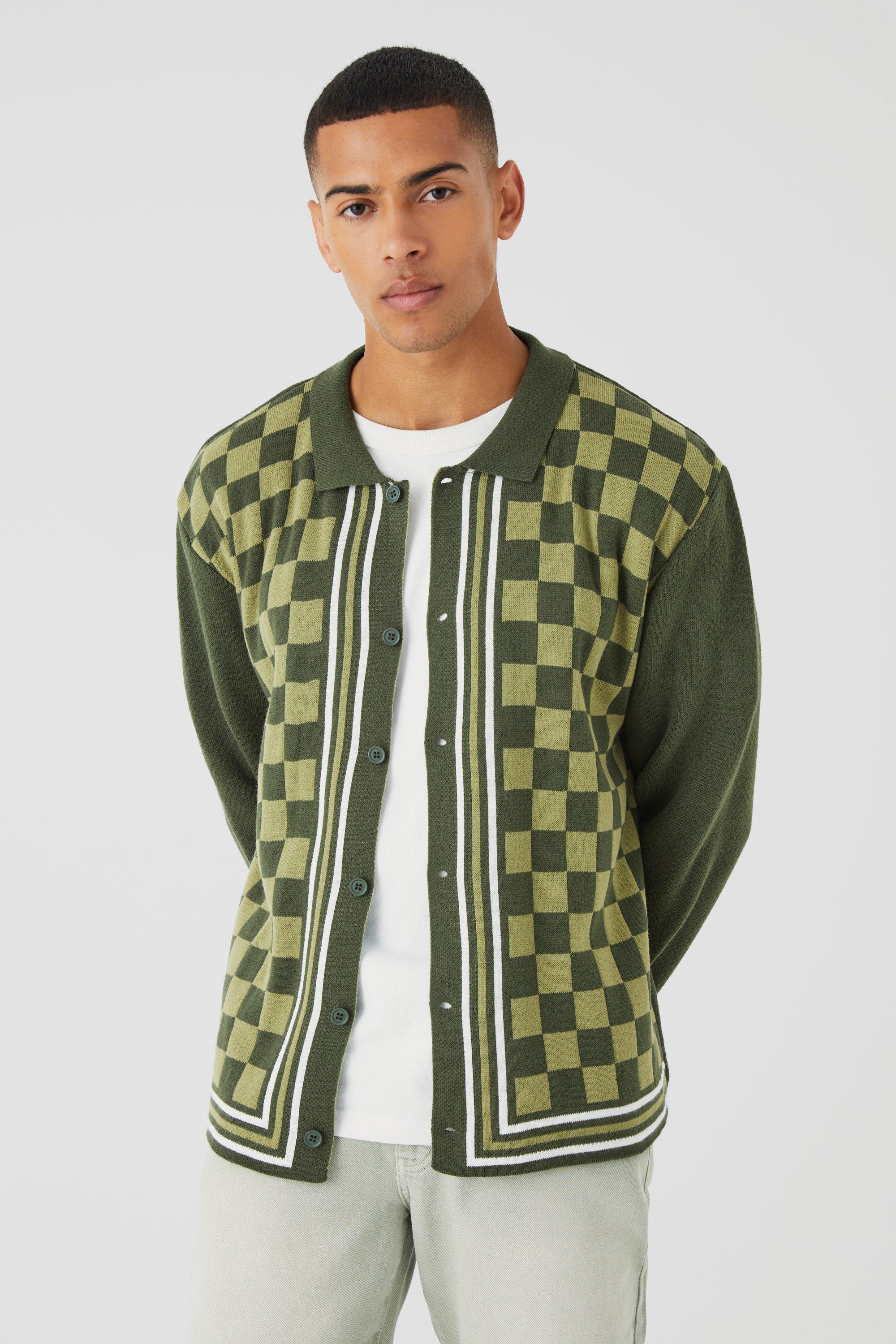 Mens Green Oversized Long Sleeve Checkerboard Knit Shirt, Green