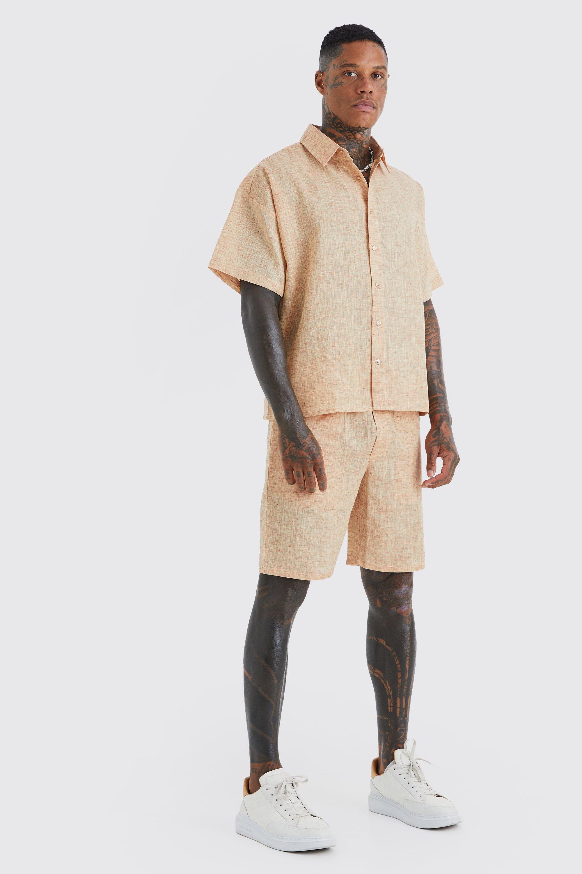 Image of Camicia squadrata a maniche corte effetto lino & pantaloncini, Brown