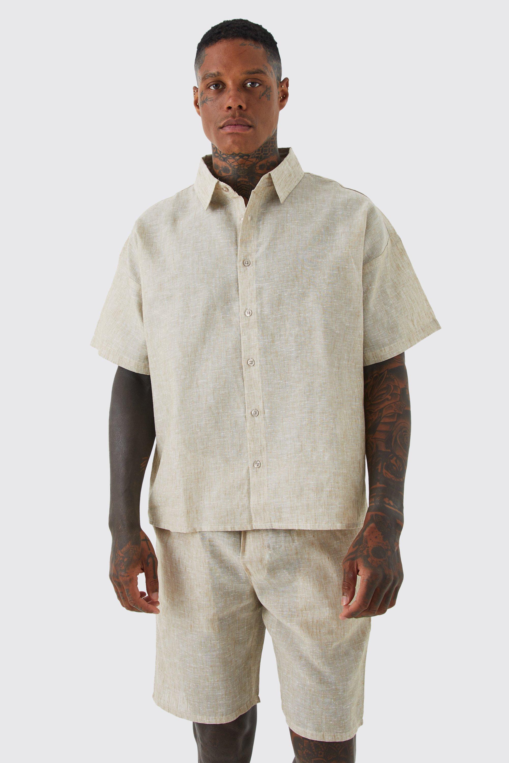 Image of Set camicia squadrata effetto lino & pantaloncini, Beige