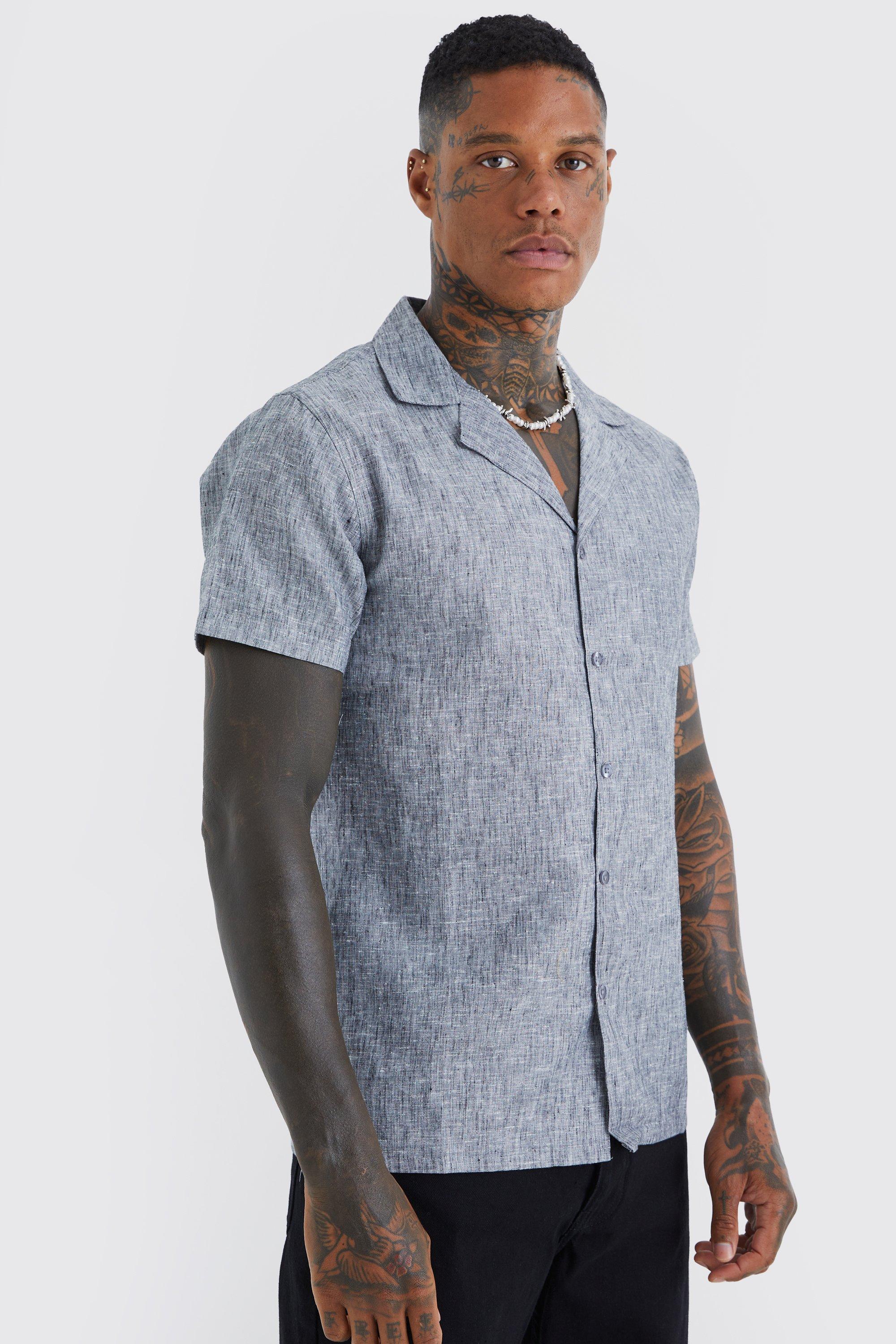 Mens Black Short Sleeve Revere Linen Look Shirt, Black