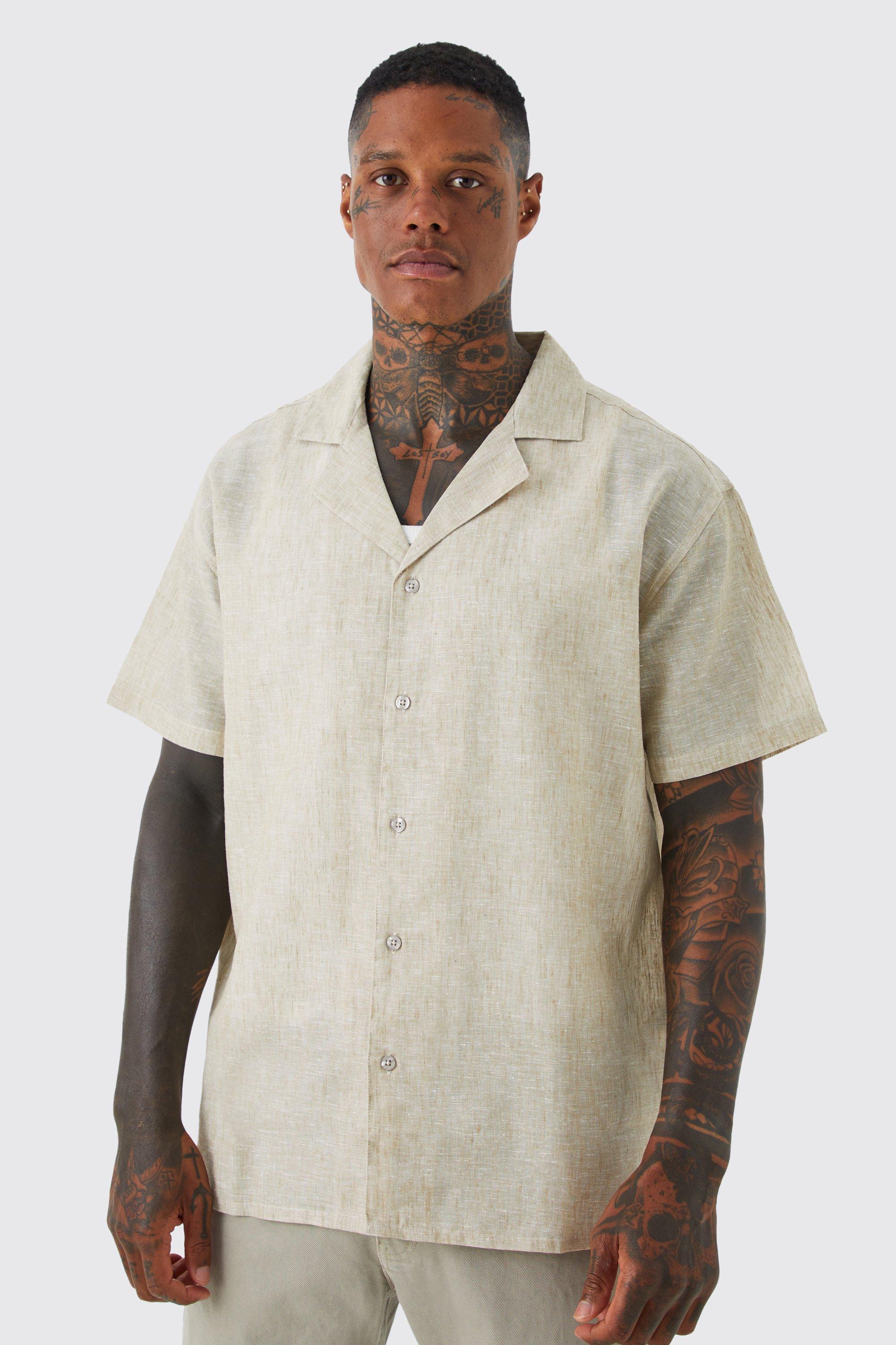 Mens Beige Short Sleeve Oversized Linen Look Revere Shirt, Beige