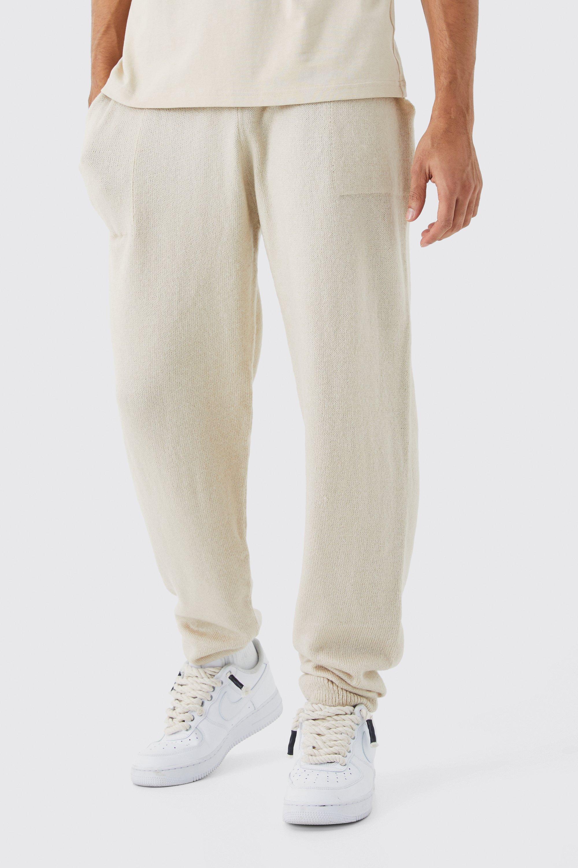Mens Beige Brushed Relaxed Knitted Joggers, Beige