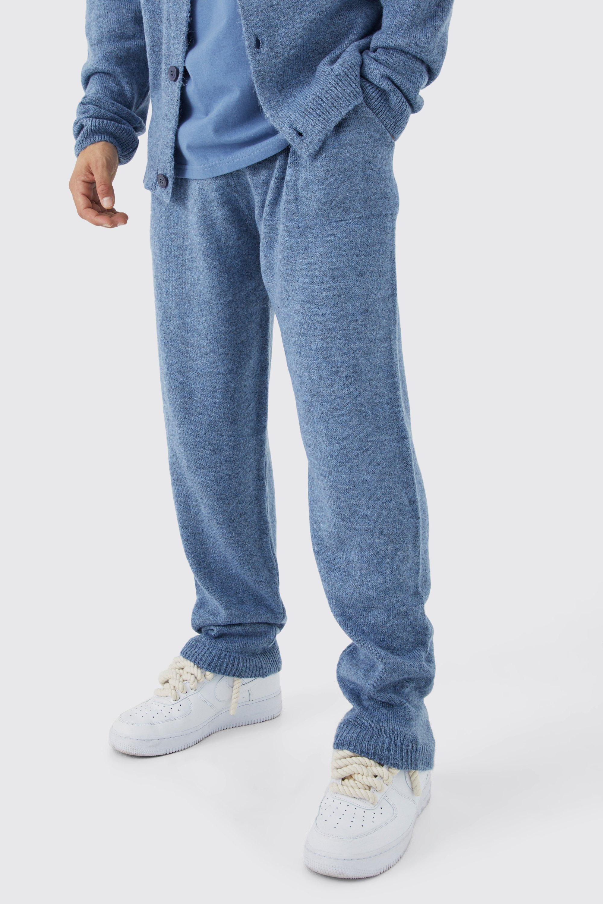 Mens Blue Brushed Relaxed Knitted Joggers, Blue