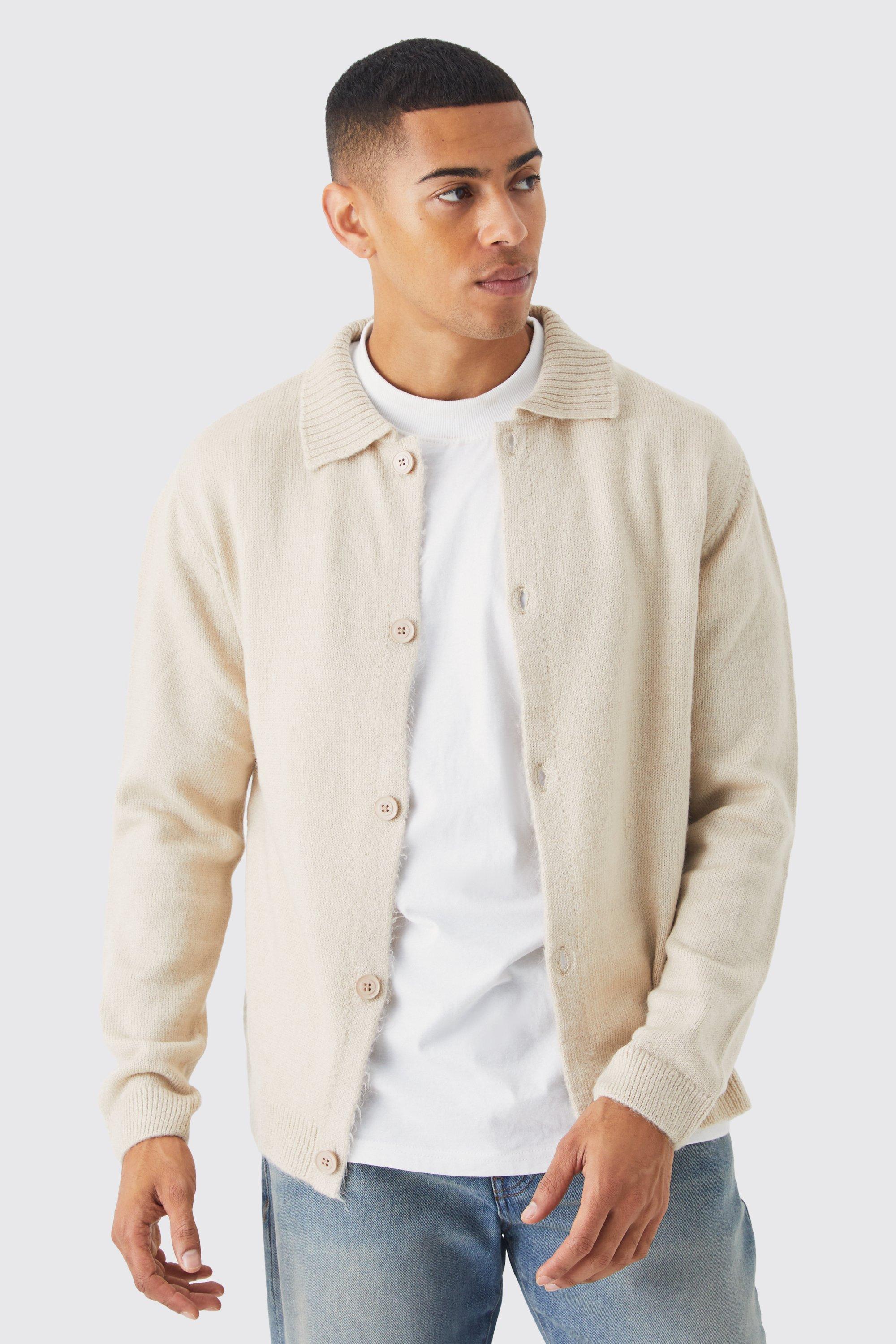 Mens Beige Brushed Knitted Collared Cardigan, Beige
