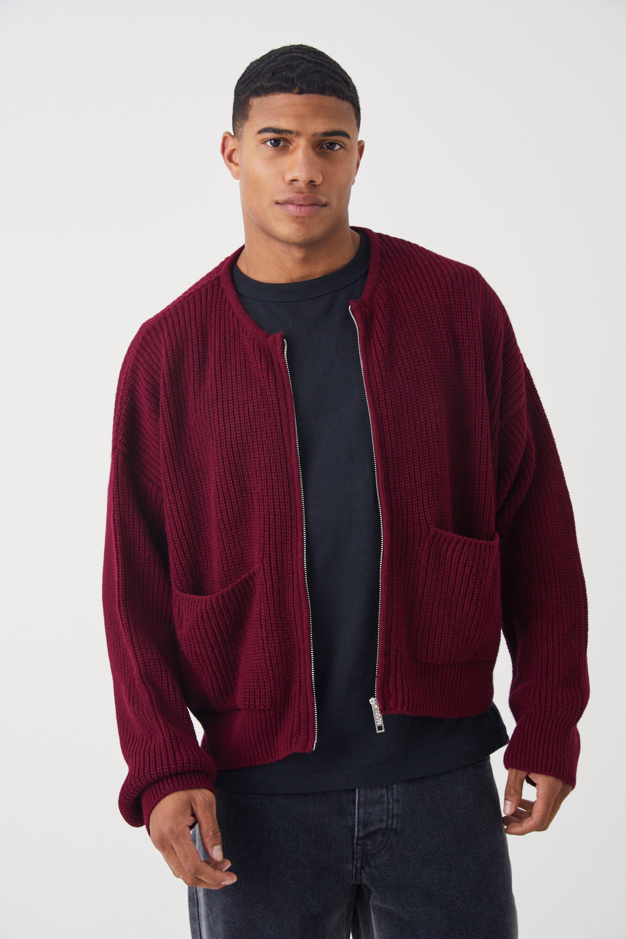 Mens Red Oversized Pleated Knitted Bomber, Red