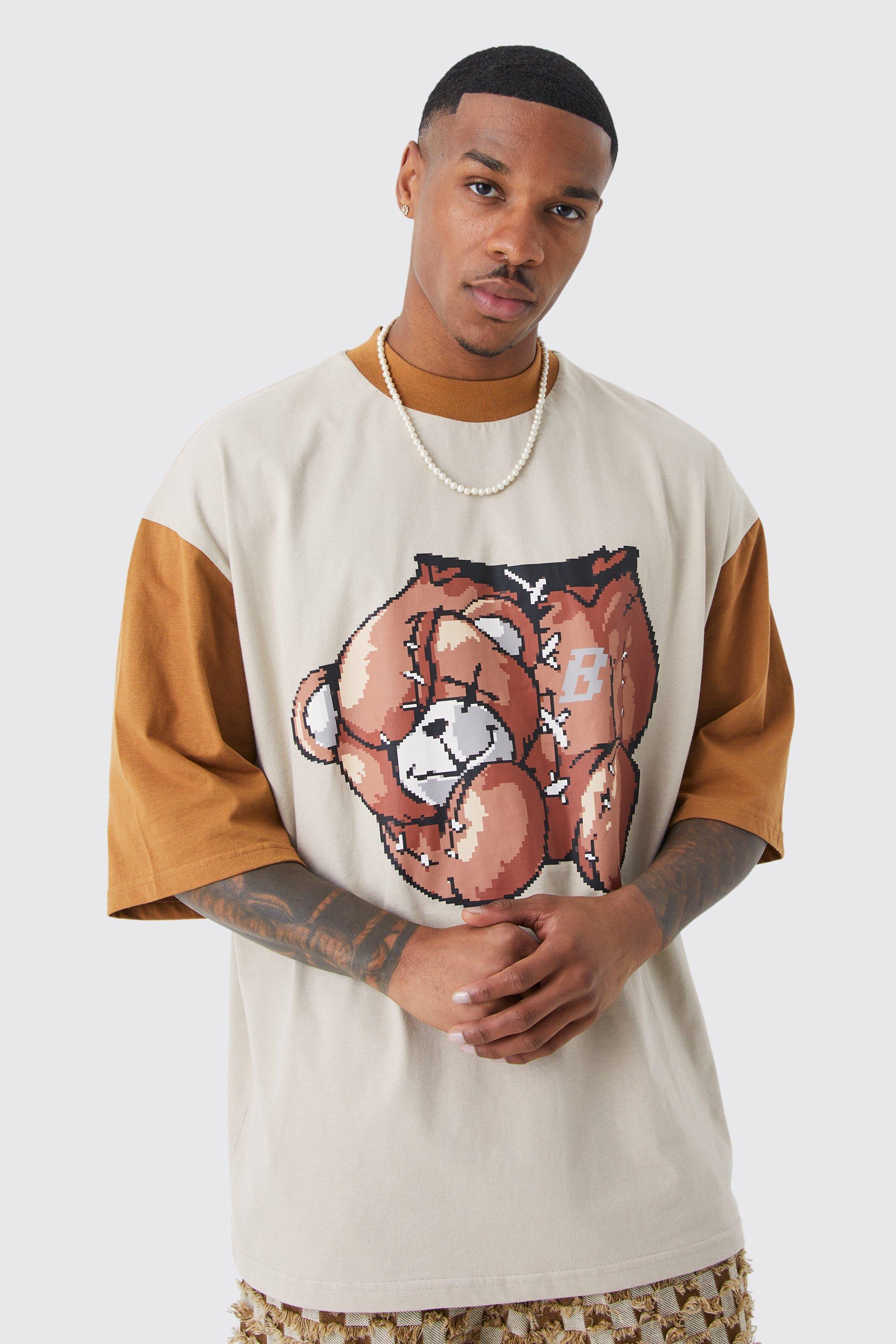 Mens Beige Oversized Heavyweight Bear Half Sleeve T-shirt, Beige