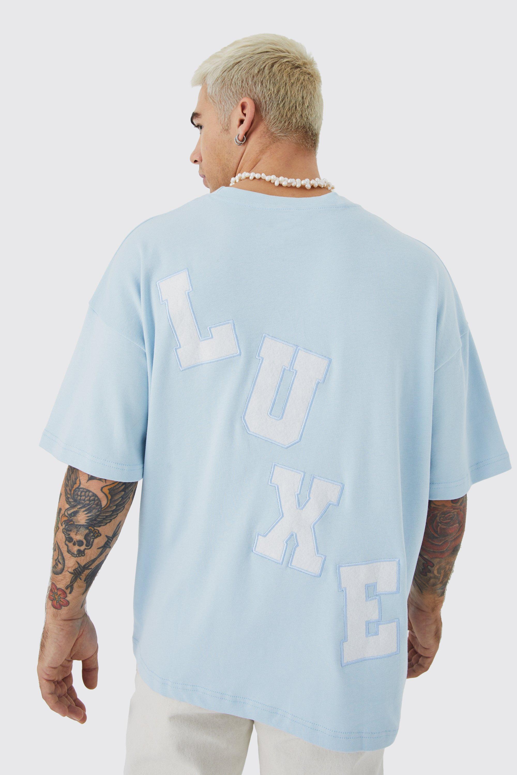 Mens Blue Oversized Luxe Applique Half Sleeve T-shirt, Blue