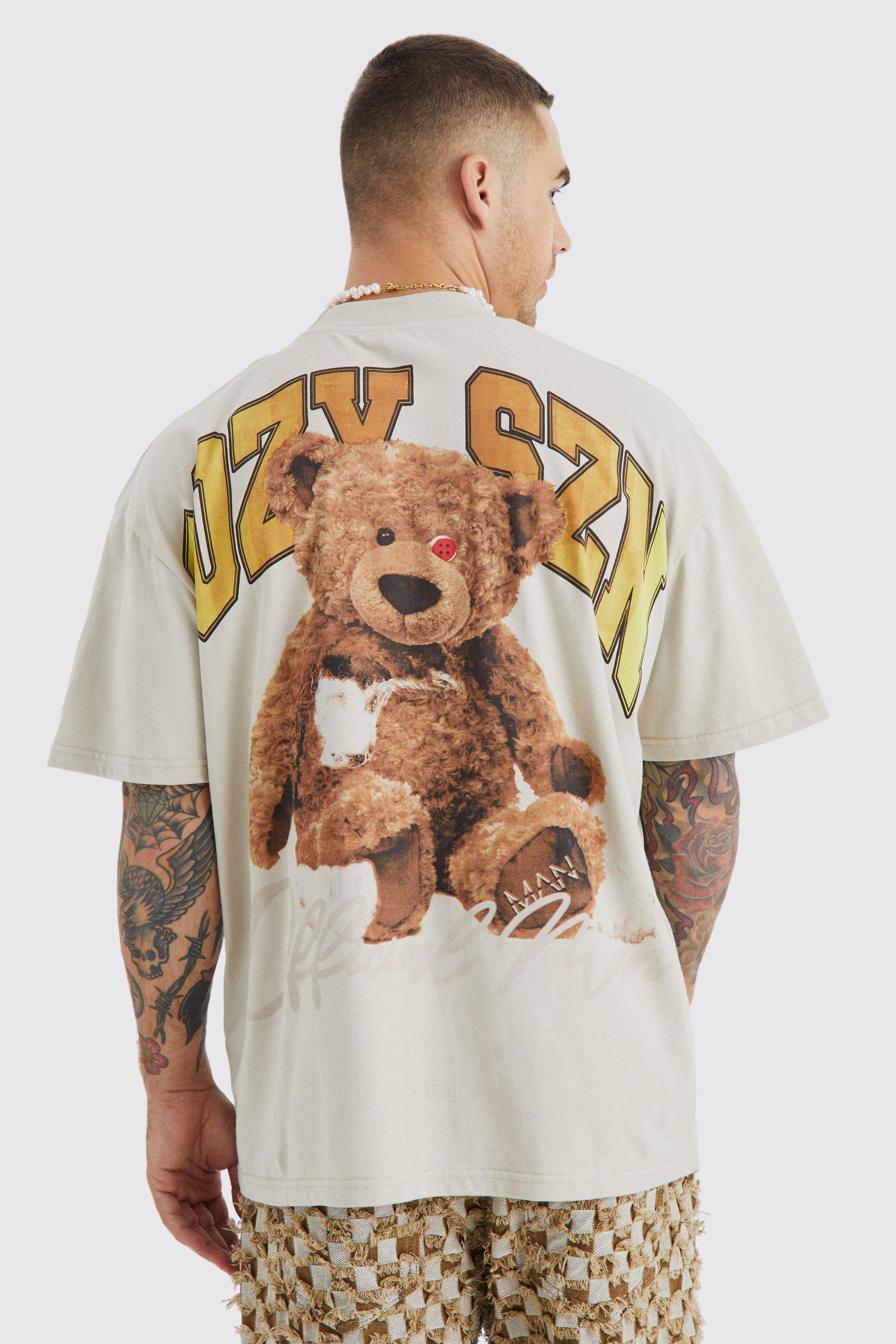 Image of T-shirt oversize pesante con orsetto e girocollo esteso, Beige