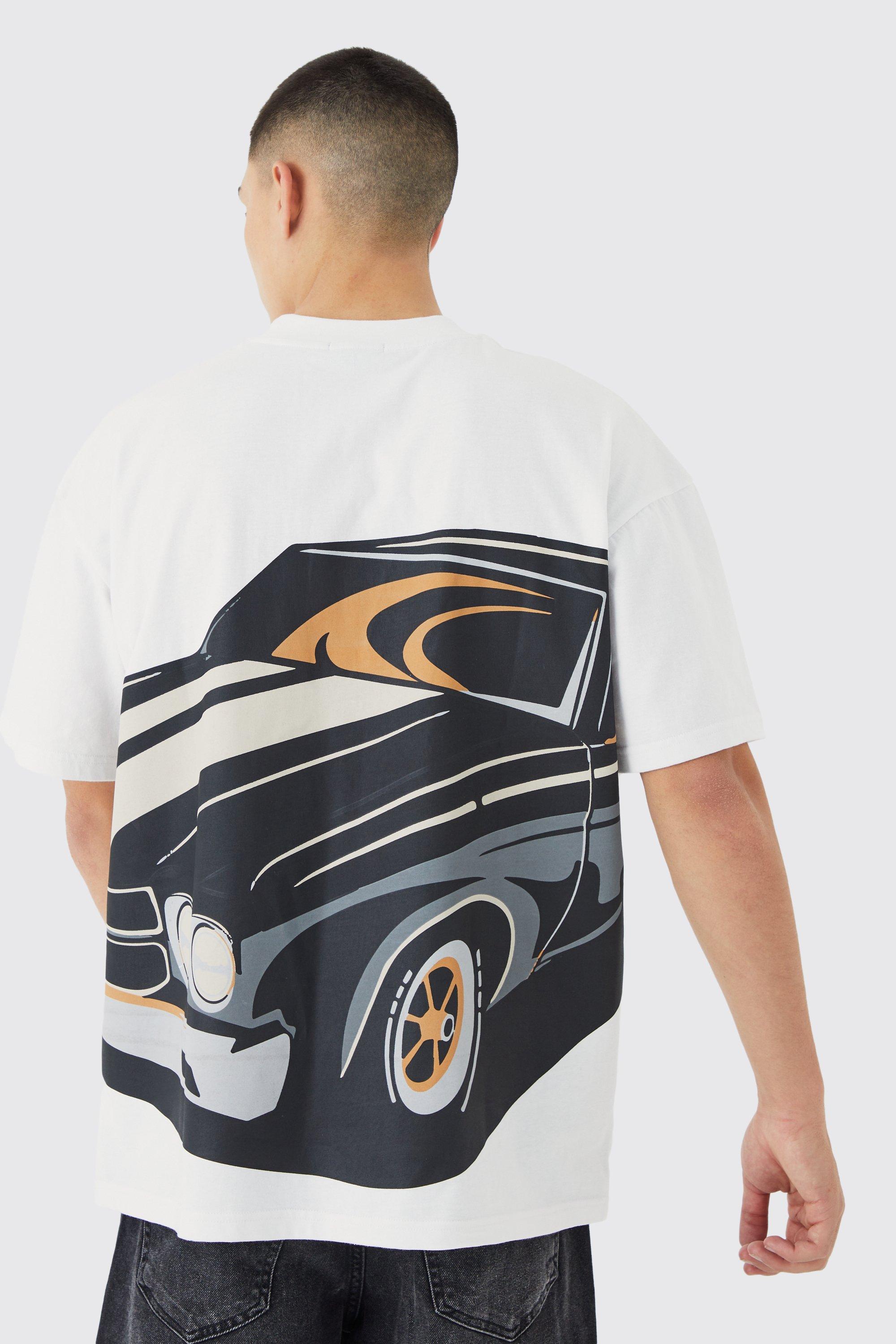Image of T-shirt oversize pesante con auto e girocollo esteso, Bianco