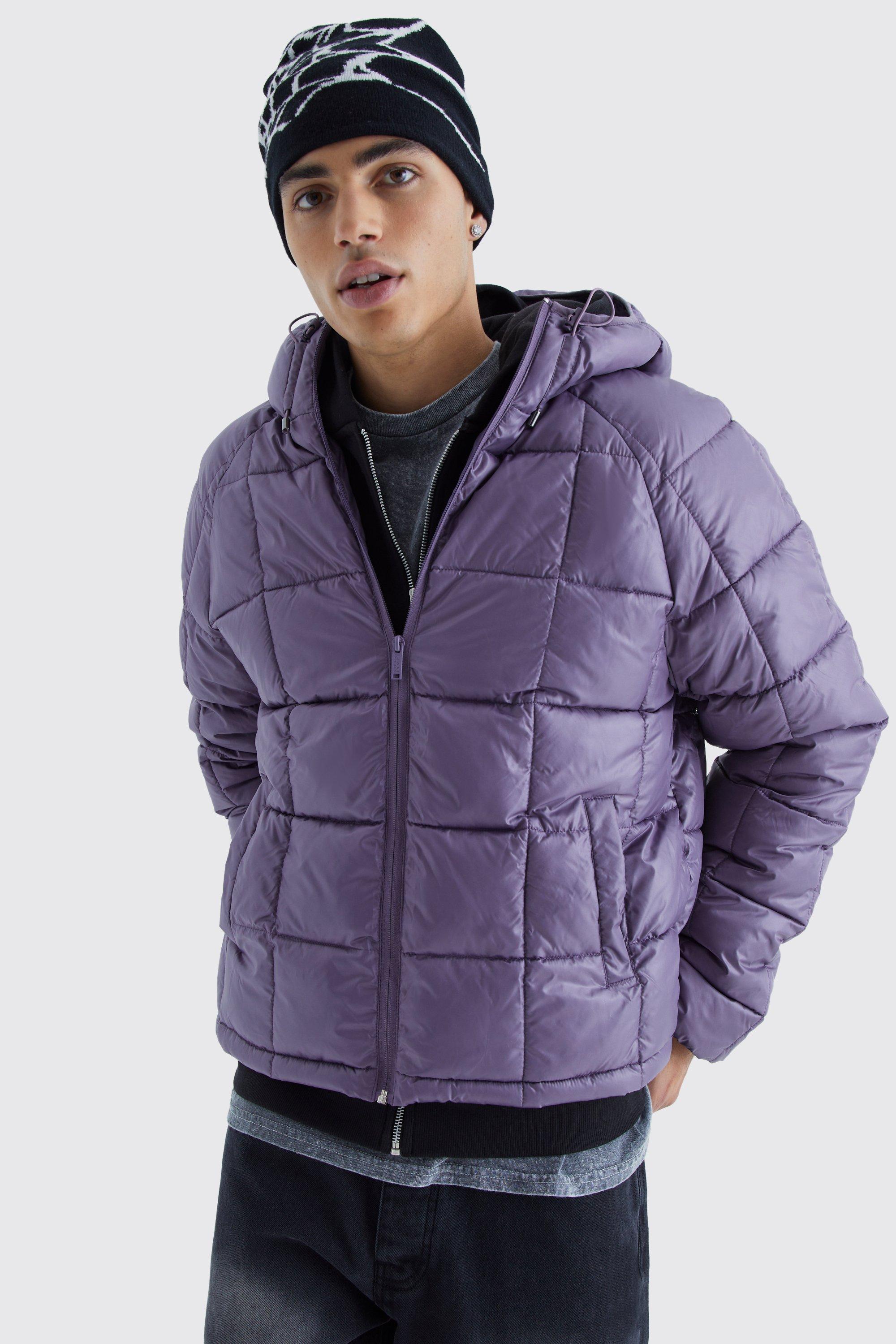 Mens Purple Boxy Square Quilted Puffer With Hood, Purple