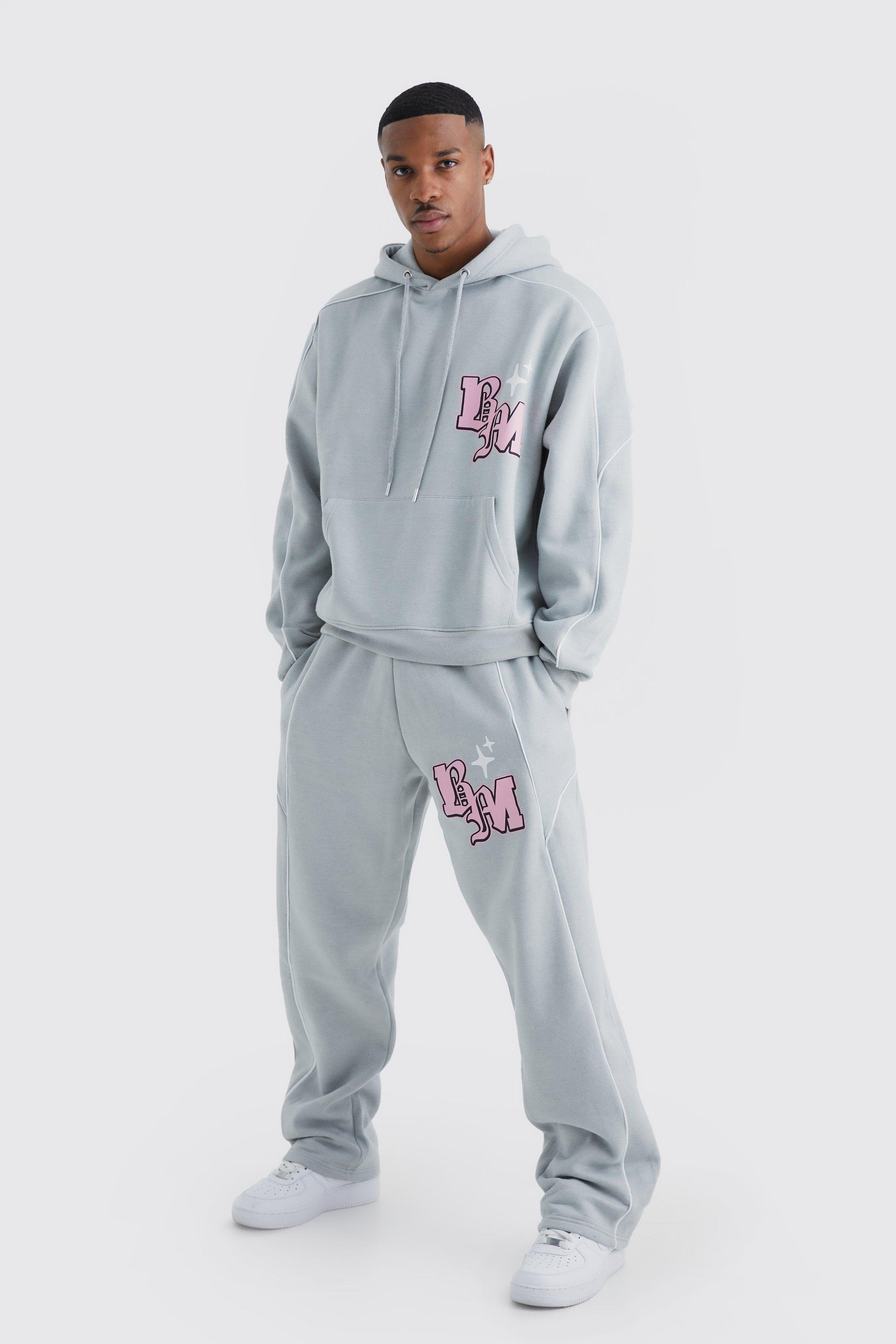 Mens Grey Oversized Boxy Print Tracksuit, Grey
