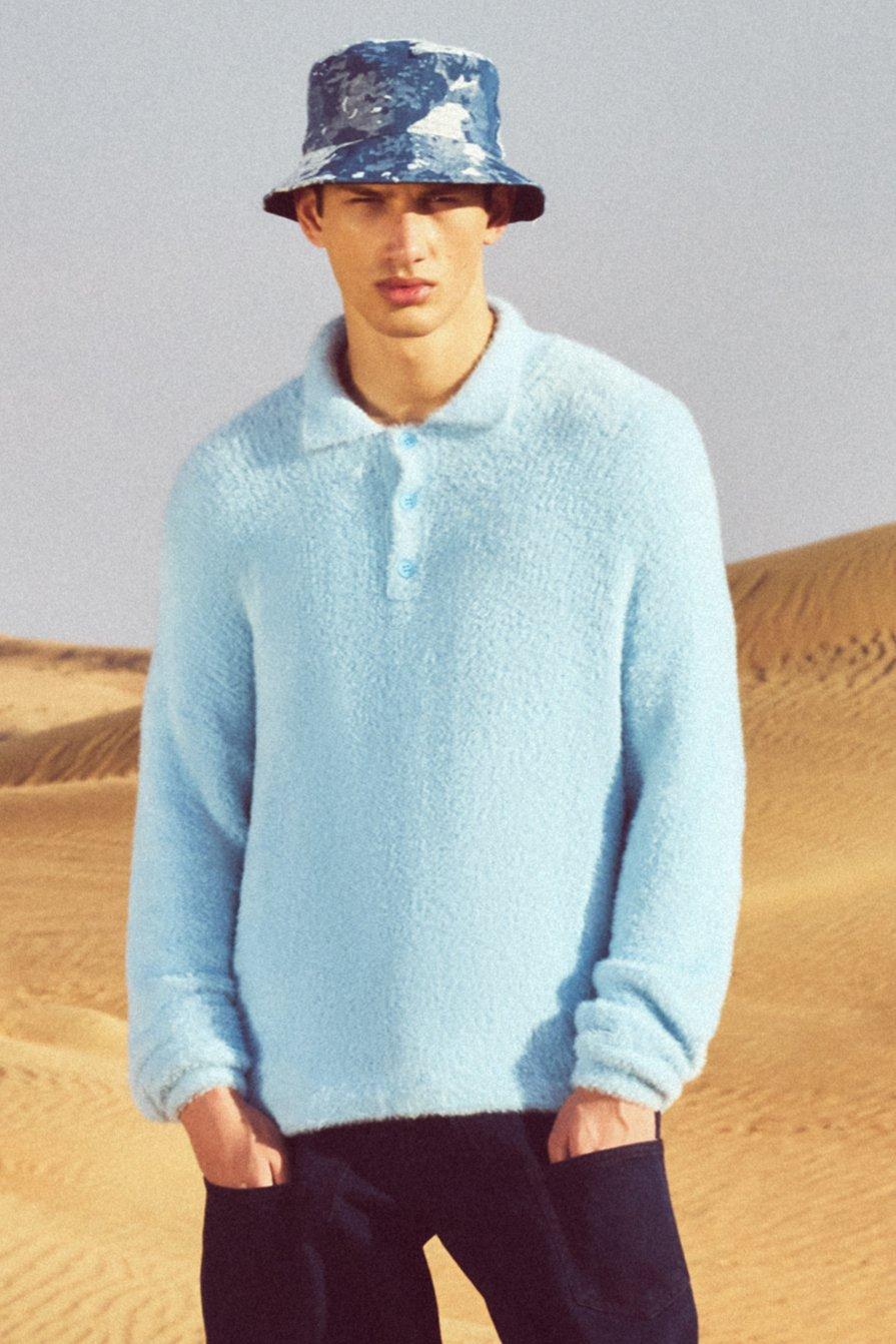 men's boxy fluffy knitted polo - blue - s, blue
