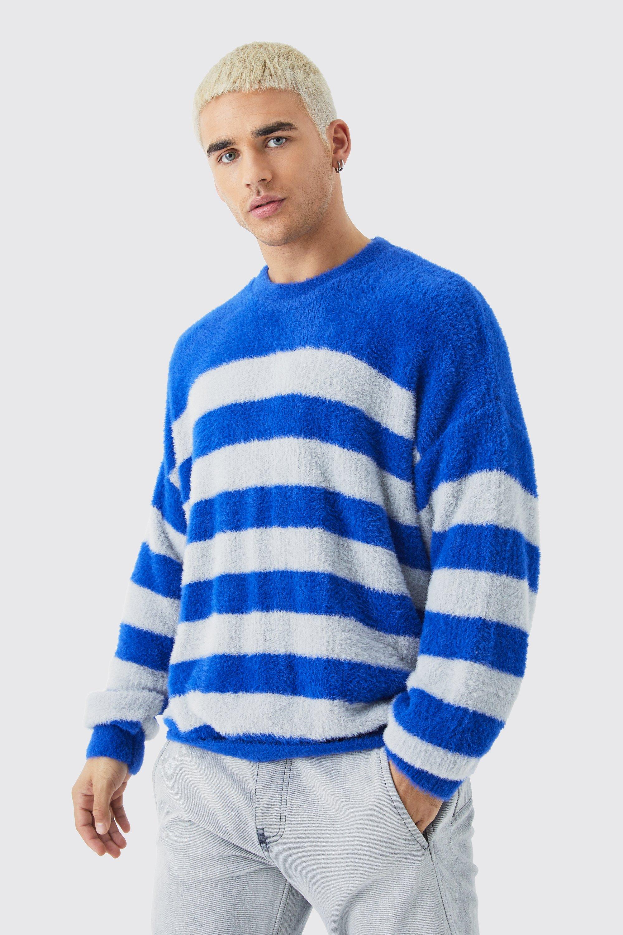 Mens Blue Oversized Stripe Fluffy Jumper, Blue
