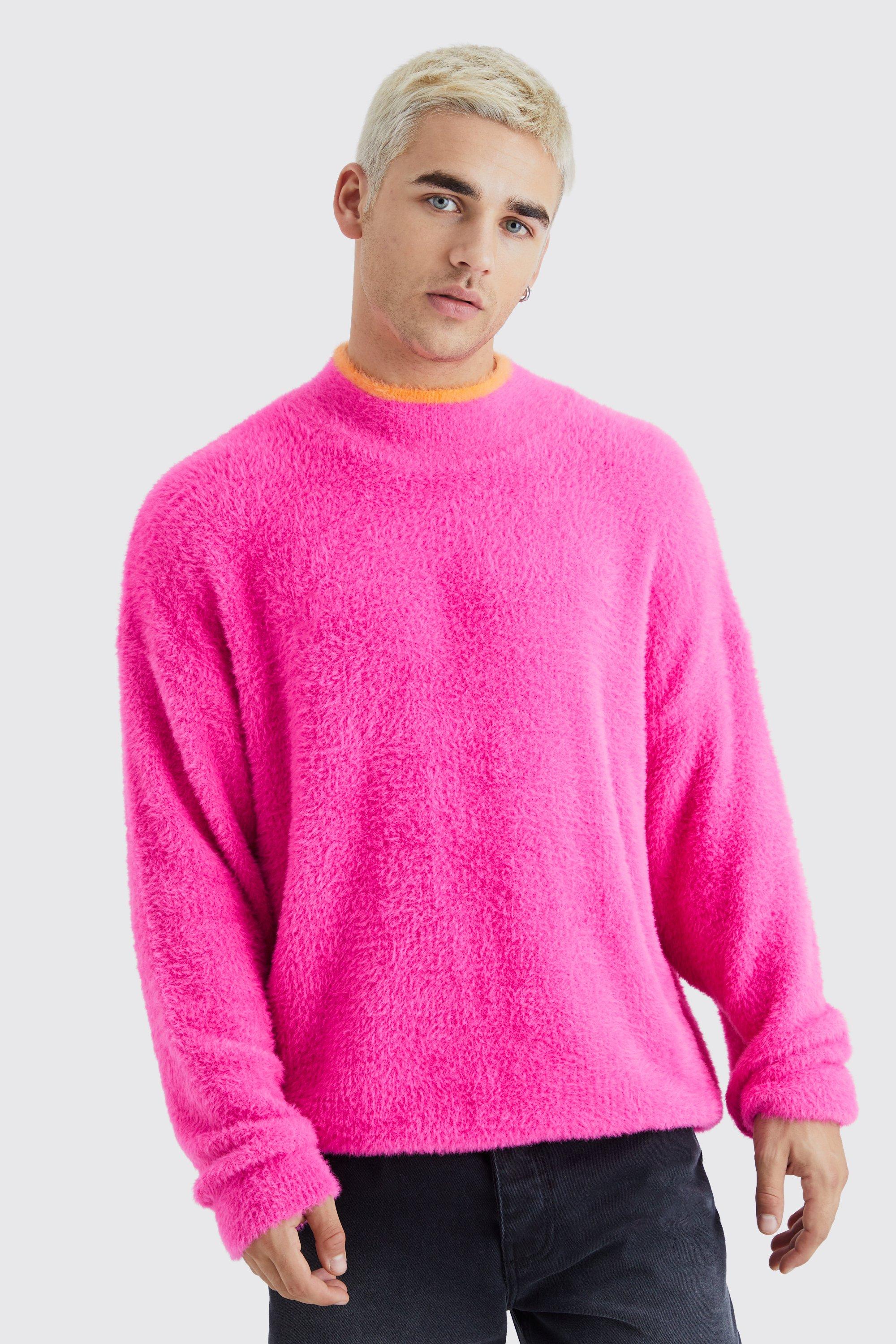 Mens Pink Oversized Fluffy Funnel Neck Jumper With Tipping, Pink