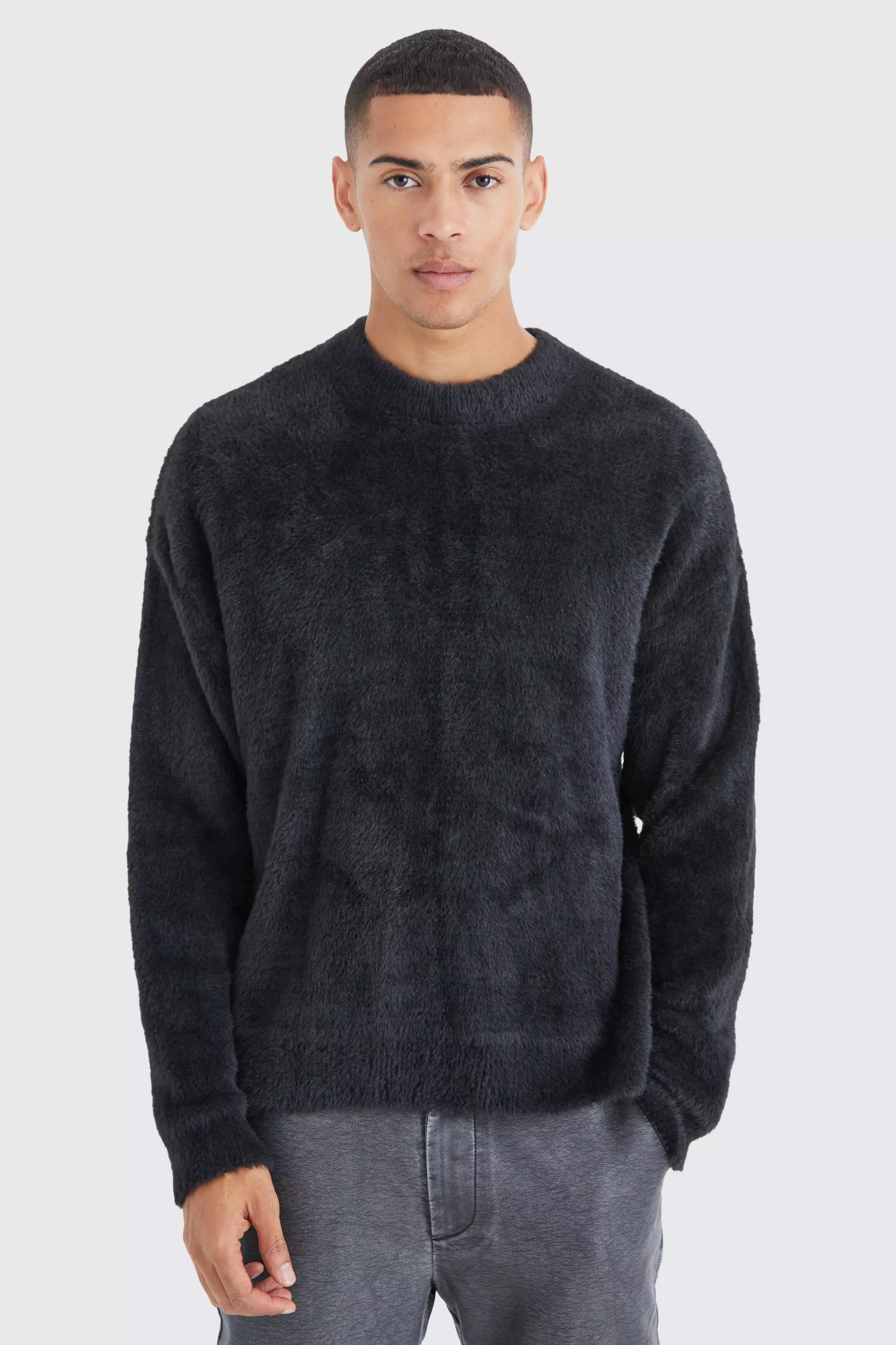 Black Boxy Crew Neck Jumper