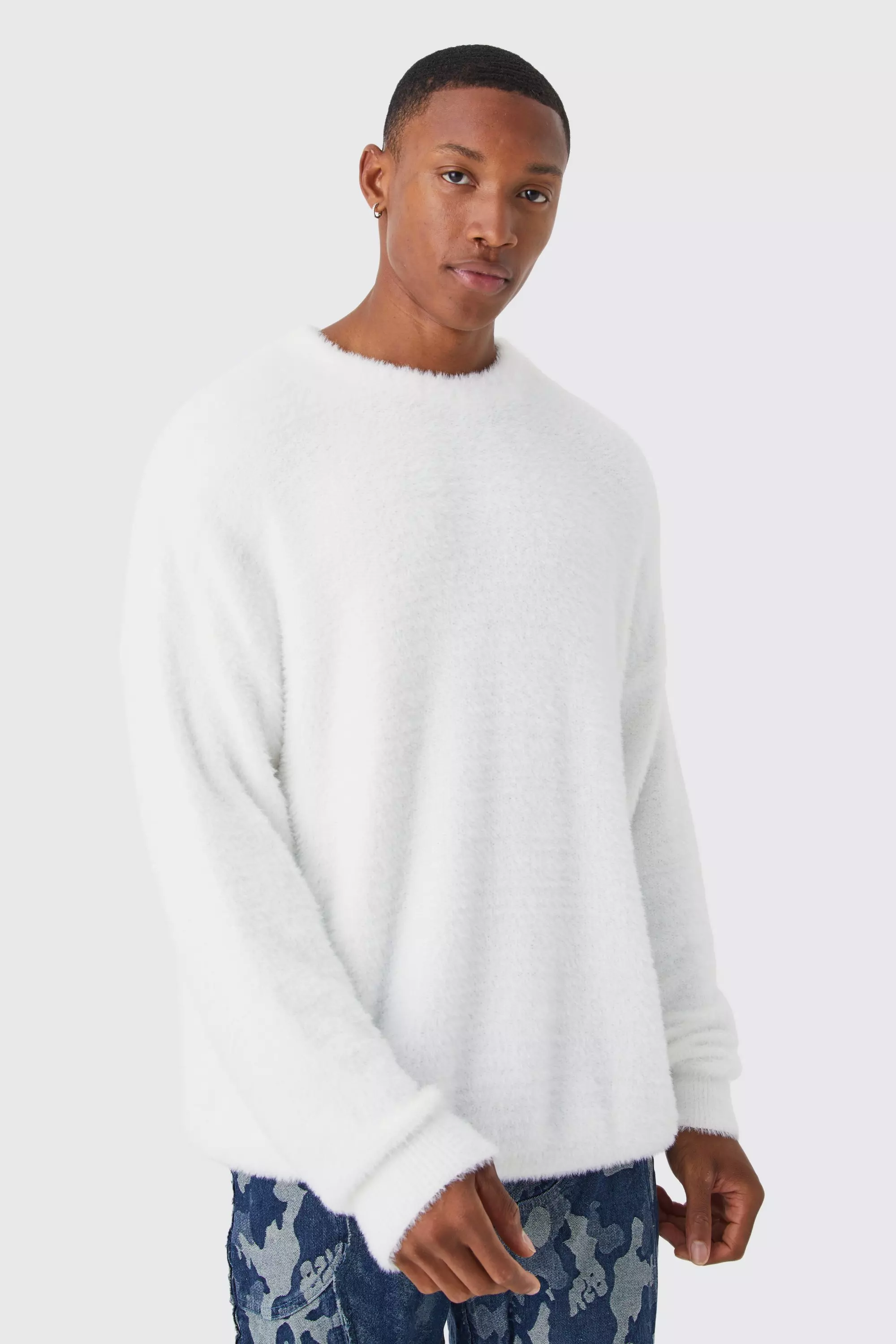 Oversized Crew Neck Fluffy Knitted Jumper boohooMAN UK