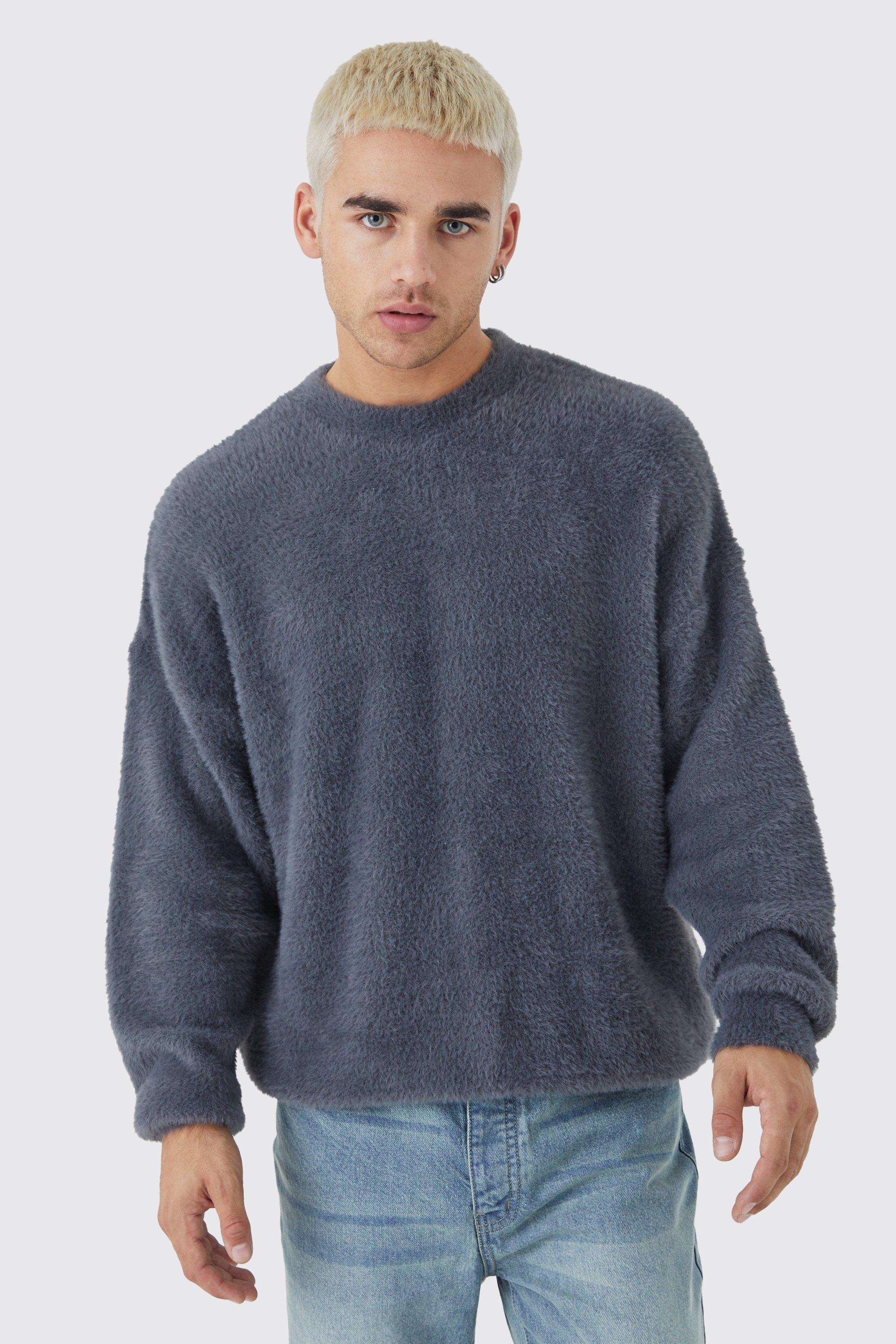 Mens Grey Oversized Crew Neck Fluffy Knitted Jumper, Grey