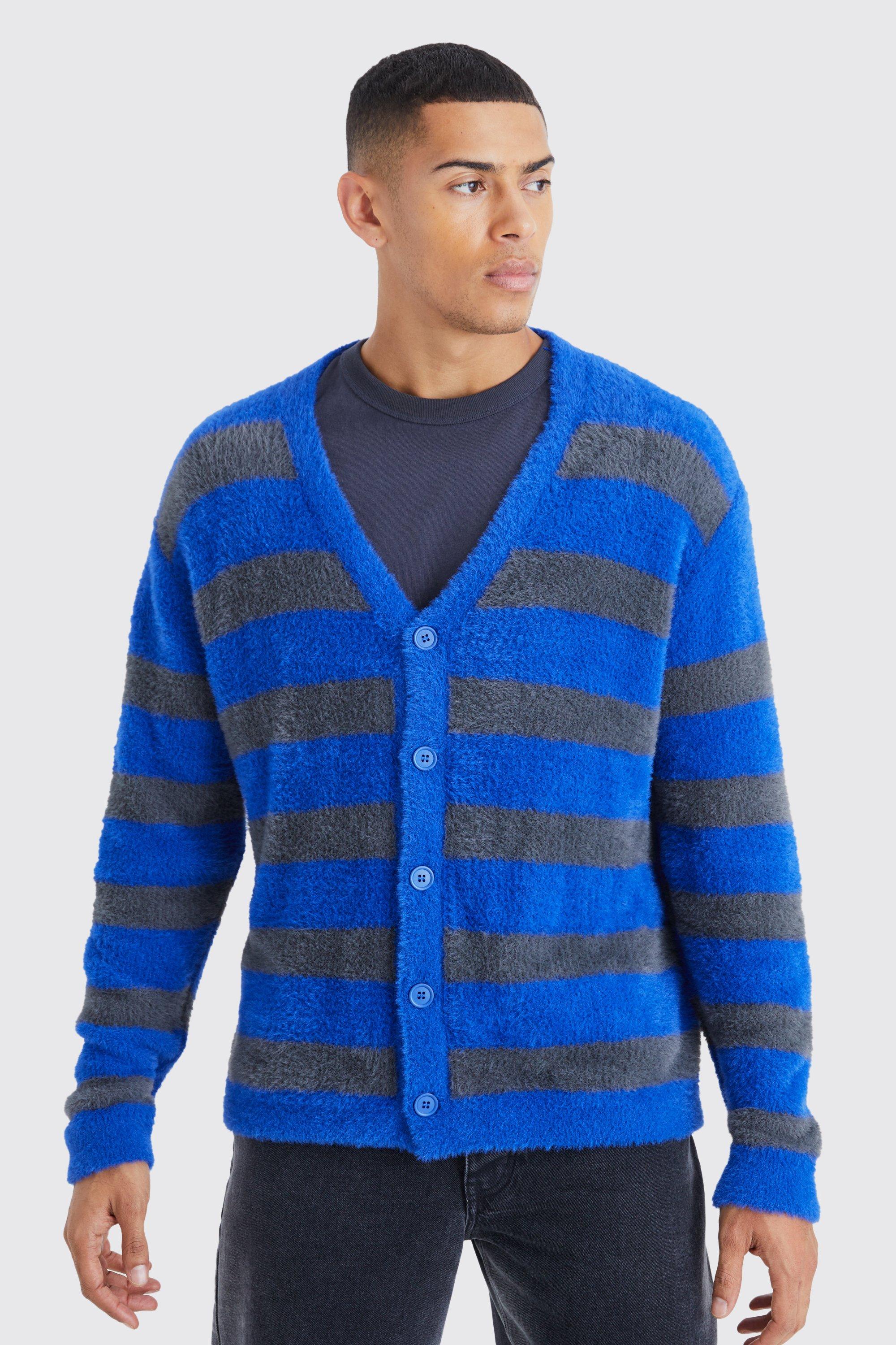 Mens Blue Oversized Stripe Fluffy Cardigan, Blue