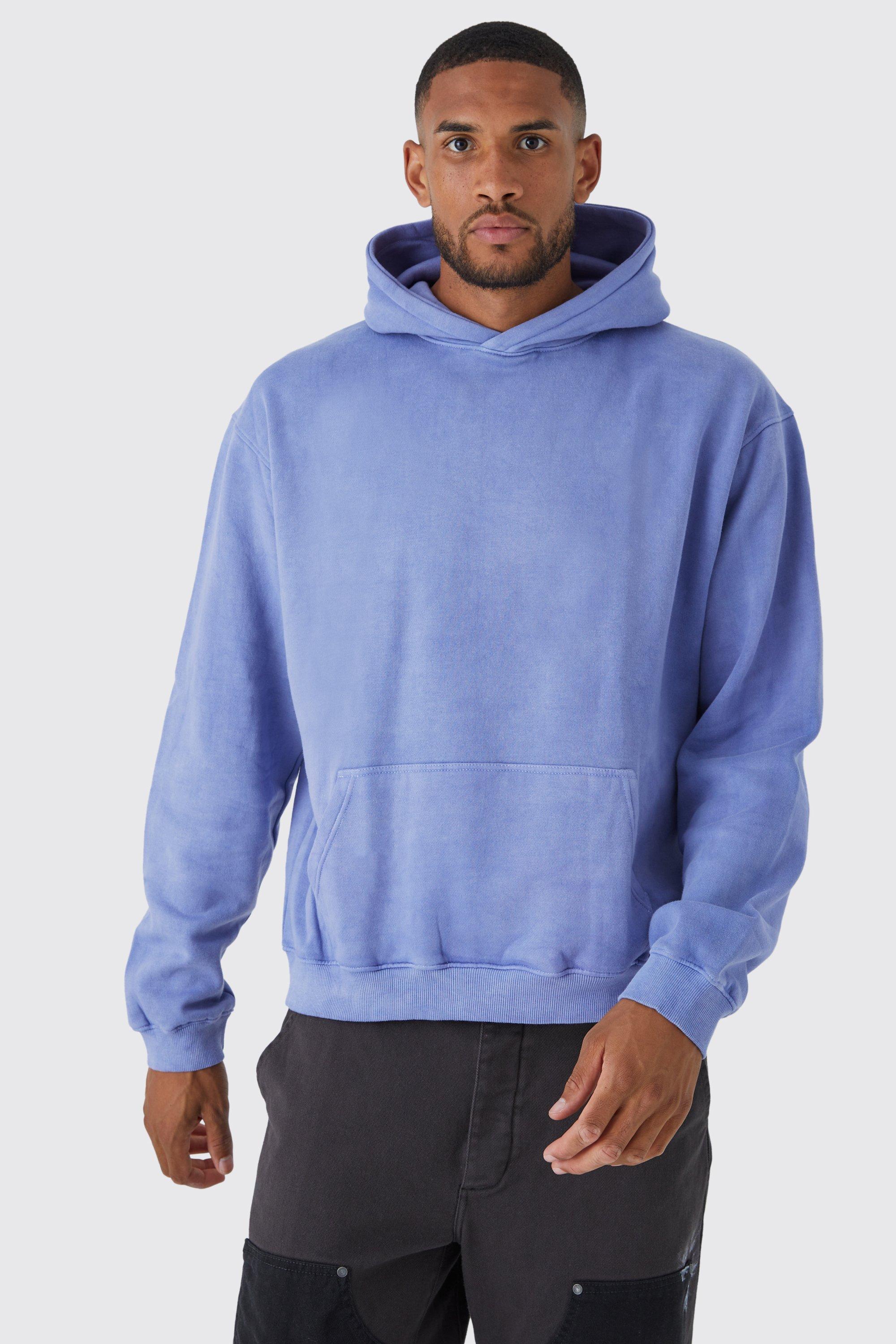 Mens Blue Tall Oversized Boxy Acid Washed Hoodie, Blue
