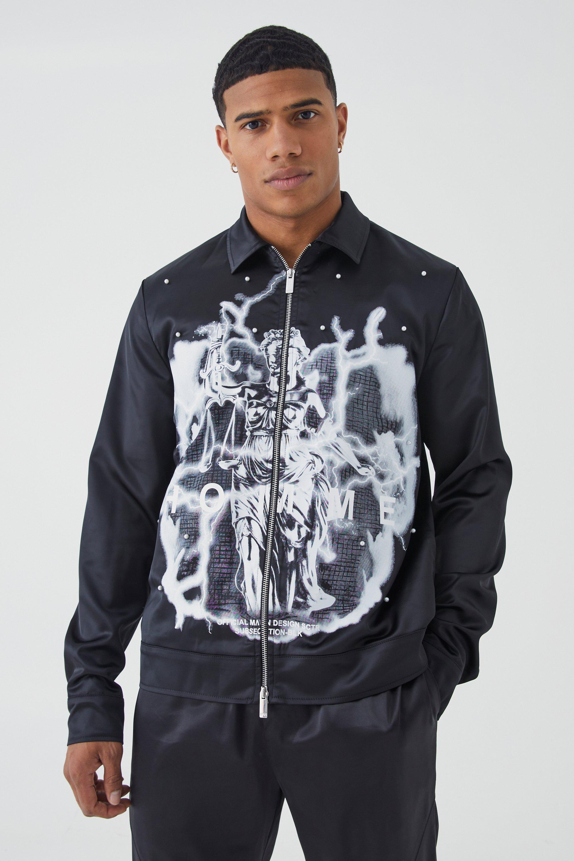 Mens Black Embellished Satin Harrington, Black