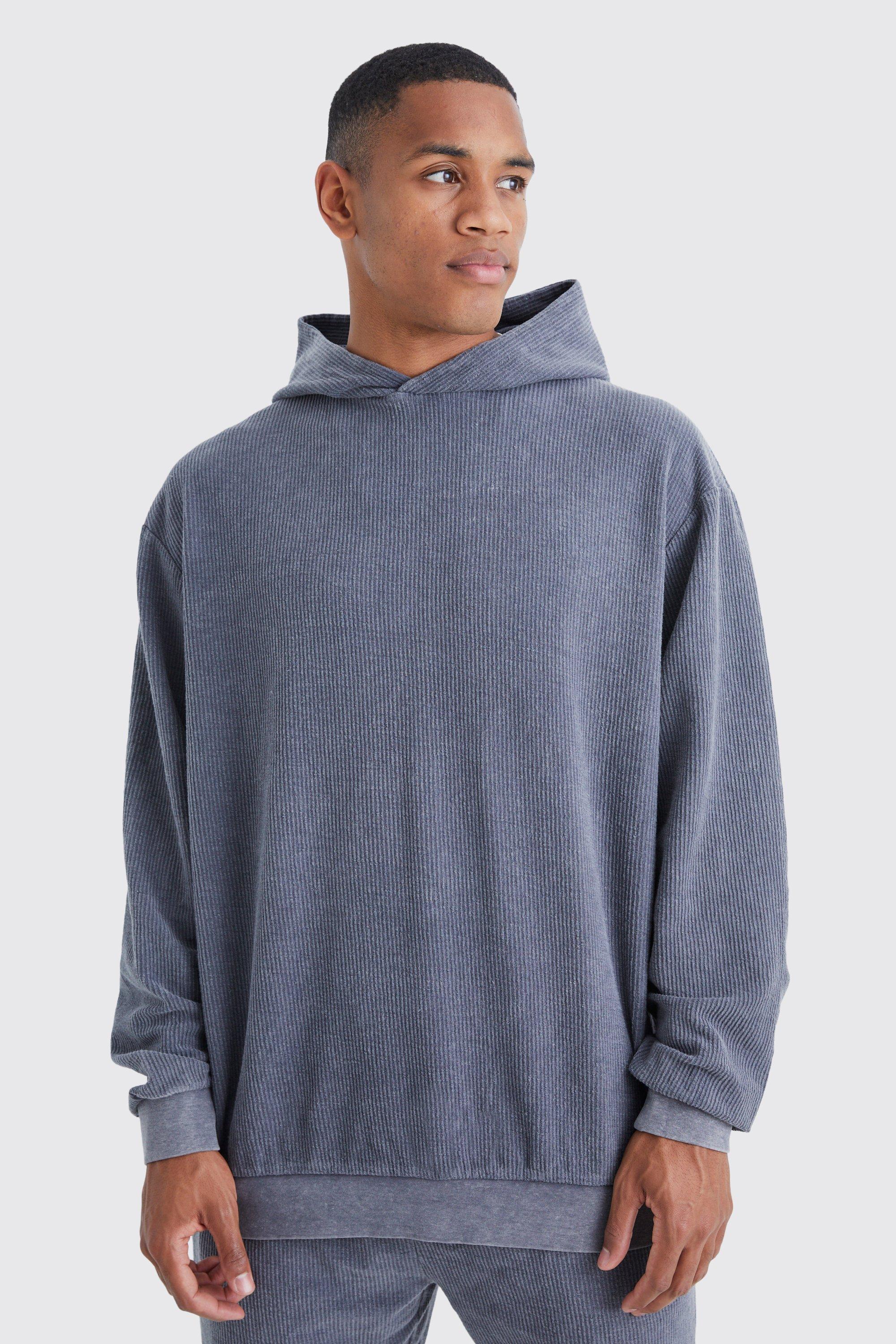 Mens Grey Oversized Washed Cord Hoodie, Grey