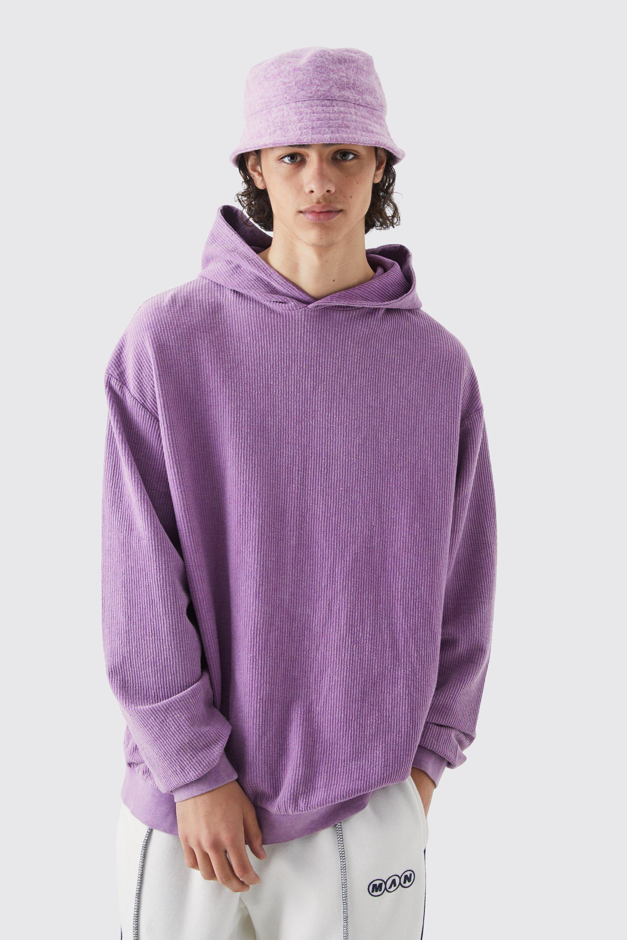 Mens Purple Oversized Washed Cord Hoodie, Purple