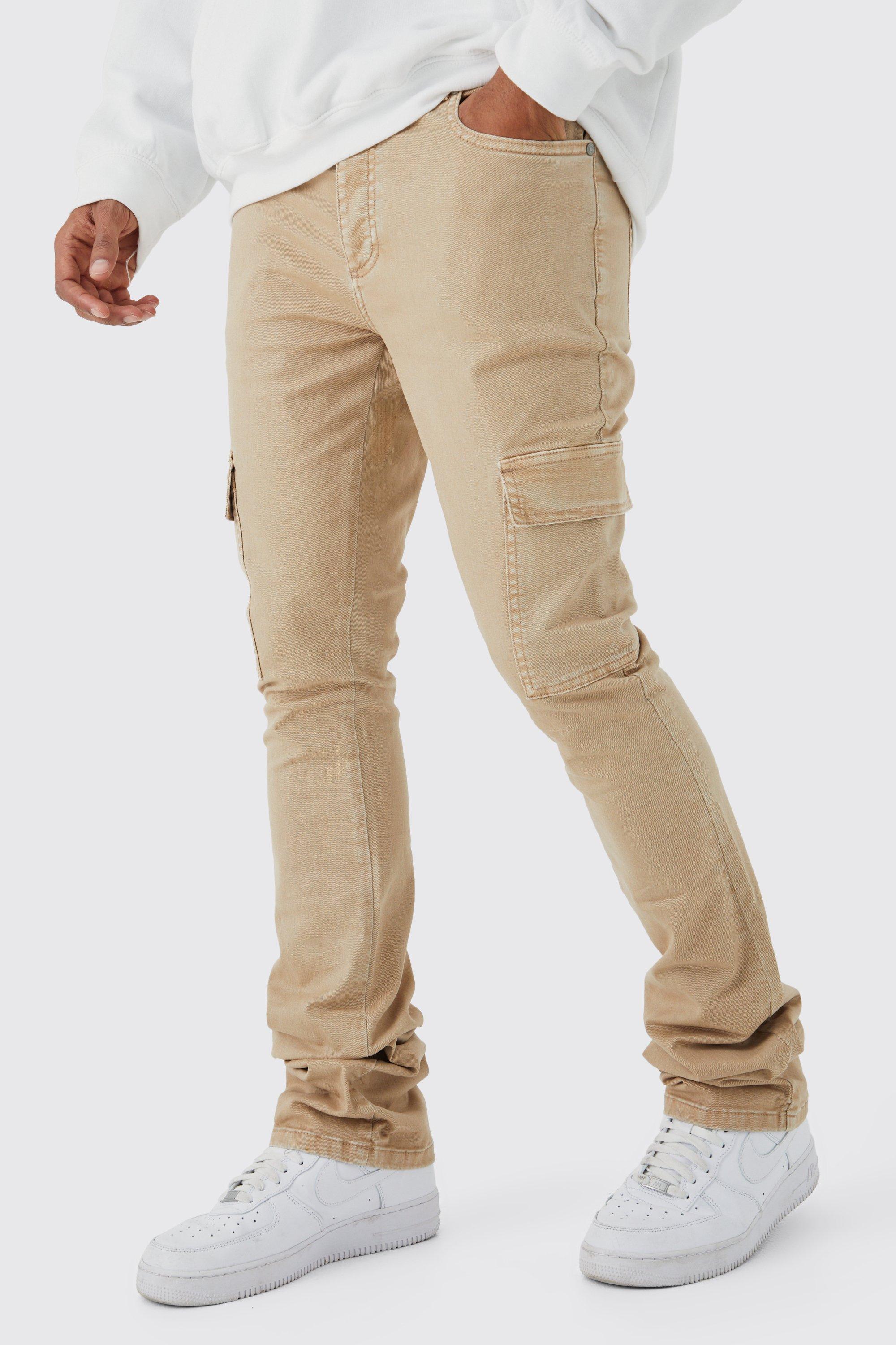 Mens Beige Skinny Stacked Flare Overdye Cargo Trouser, Beige