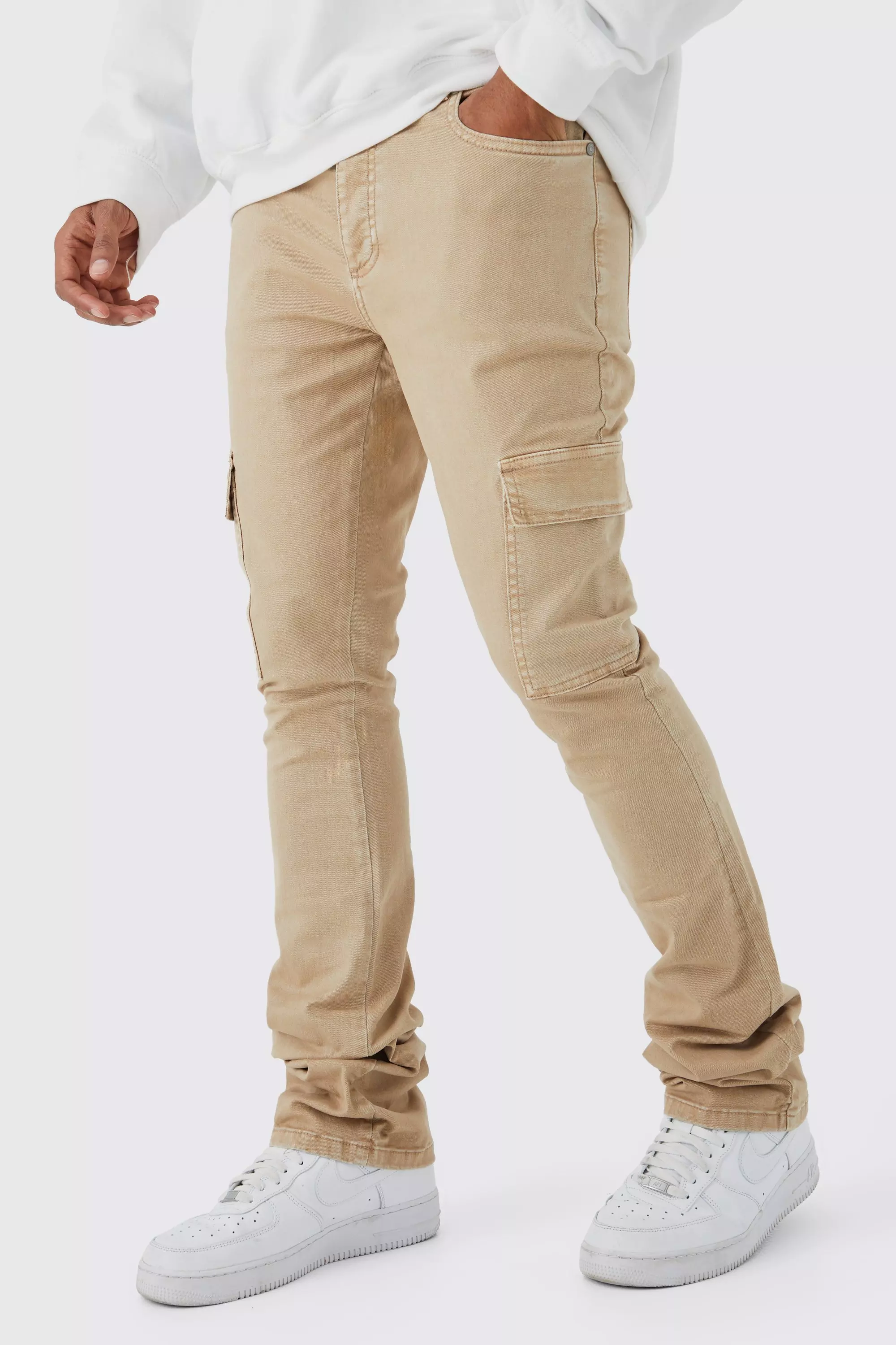 Keep Moving Stacked Skinny Flared Cargo Pants - Cream